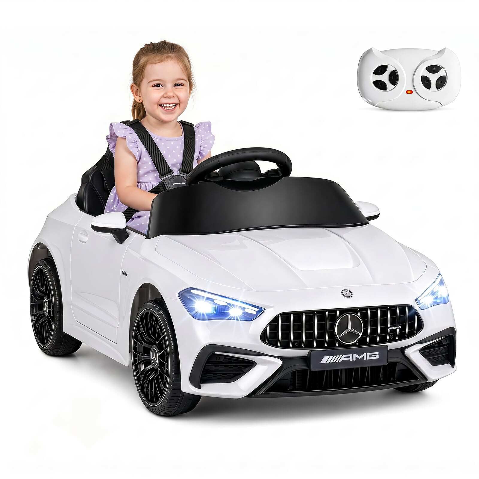 Lasten sähköauto 12 V Mercedes-AMG lastenauto LED-valoilla ja 2,4 G:n kaukosäätimellä, valkoinen