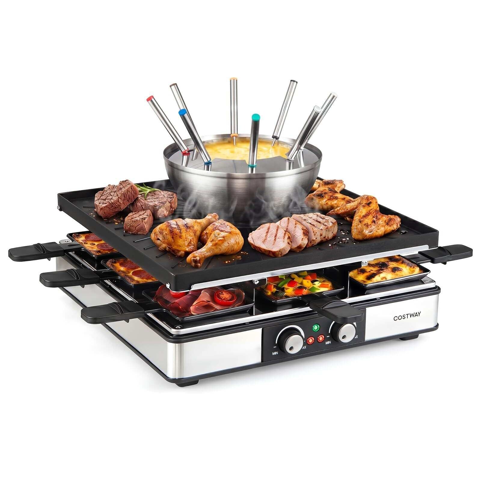 Raclette-grilli fondue-toiminnolla, 2200 W:n sähkögrilli 8 hengelle tarttumattomalla grillilevyllä ja 8 pannulla