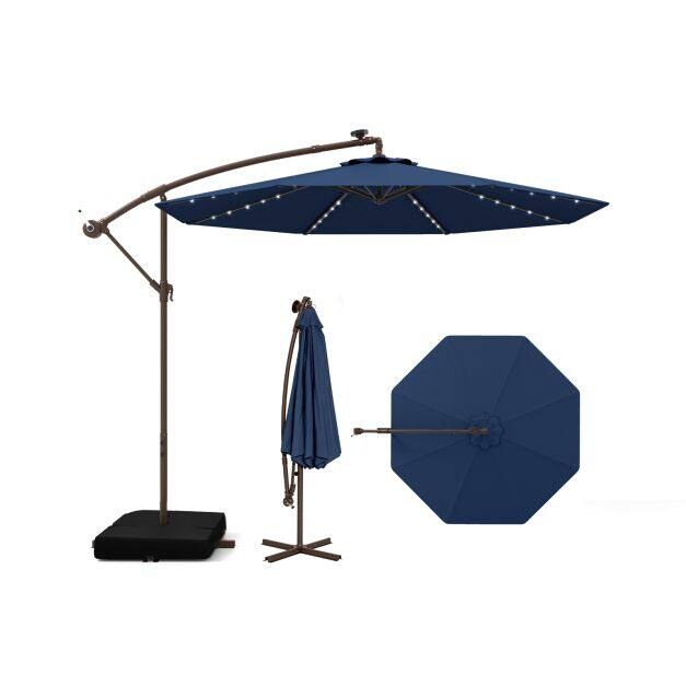 300 cm riippuva offset-varjo 40 LED-valolla, aurinkopaneelilla ja paristoilla - laivastonsininen