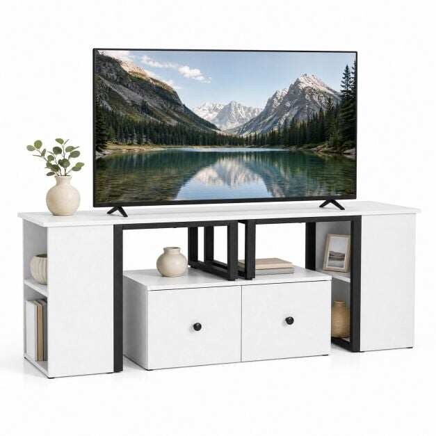 Puinen TV-kaappi/alakaappi, jossa 2 isoa laatikkoa ja 4 avointa sivulokeroa, valkoinen