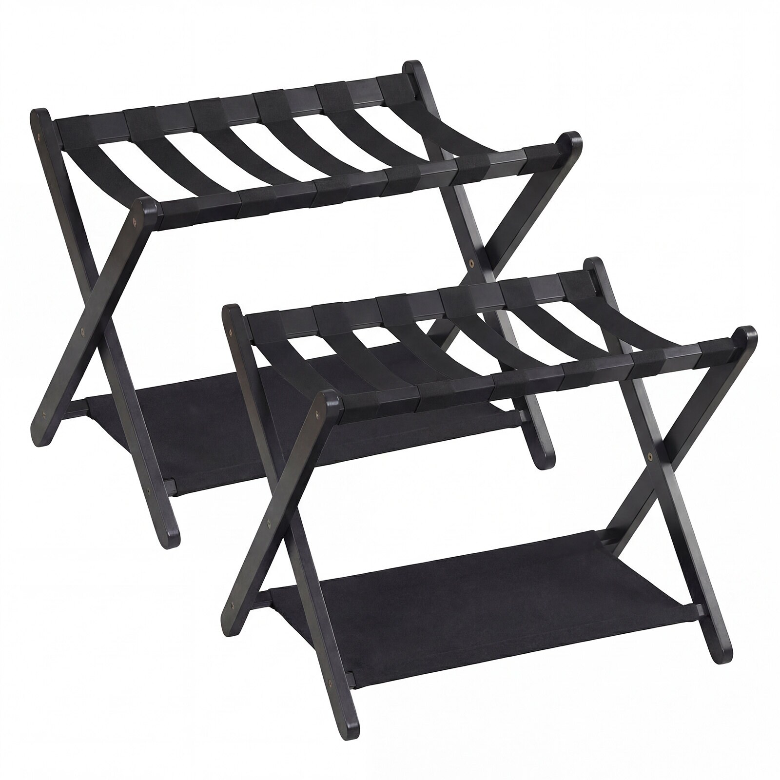 2 kpl kokoontaitettavia matkalaukkutelineitä kumipuusta, 2 hyllyä, 67 x 46 x 52 cm, musta