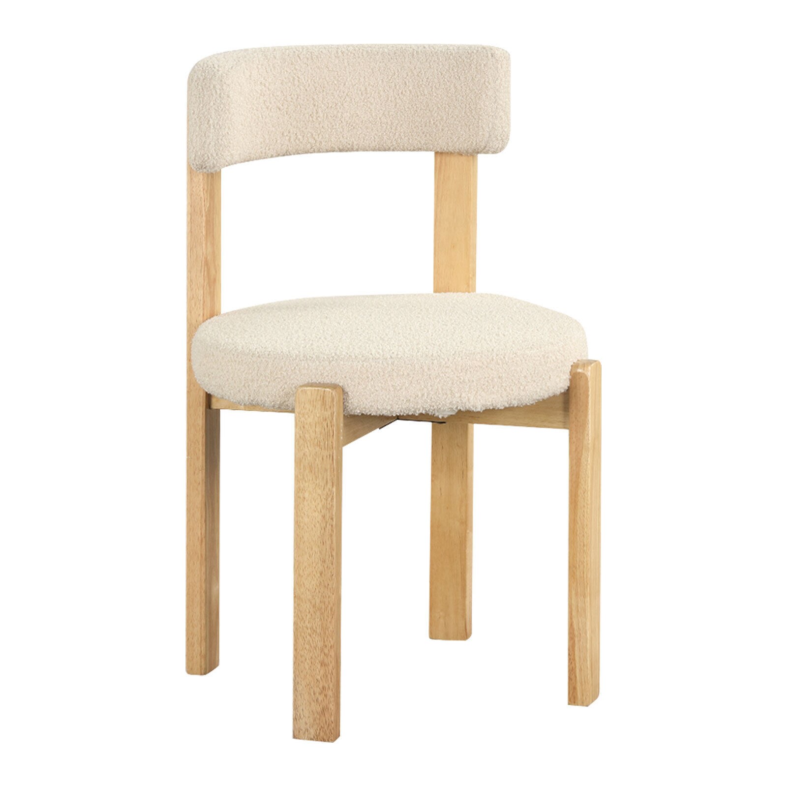 2 modernin beigenvärisen muhkean kiharan ruokatuolin setti, käsinojattomat nojatuolit massiivipuujaloilla, 160 kg:n kantavuus, beige
