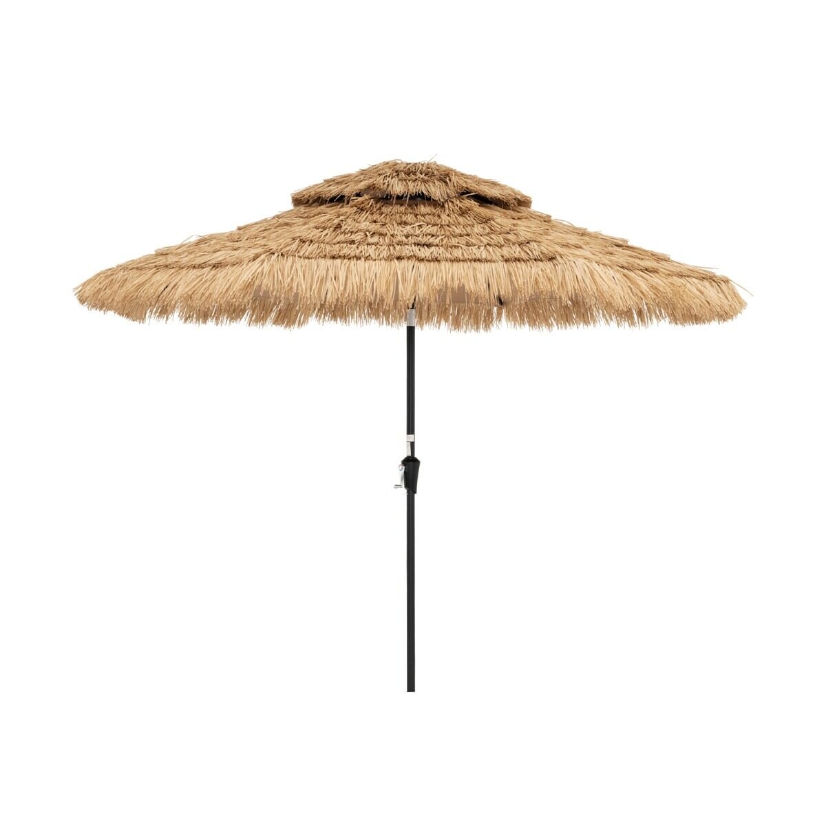 257 cm havaijilaistyylinen keinotekoinen olkikattovarjo, 32 LED-valoa ja keskivalo, manuaalinen veivi, 35° kallistus, luonnollinen