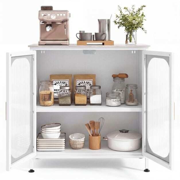 Dresser-buffet kaappi säädettävällä hyllyllä ja kahdella läpikuultavalla olohuoneen ovella, valkoinen