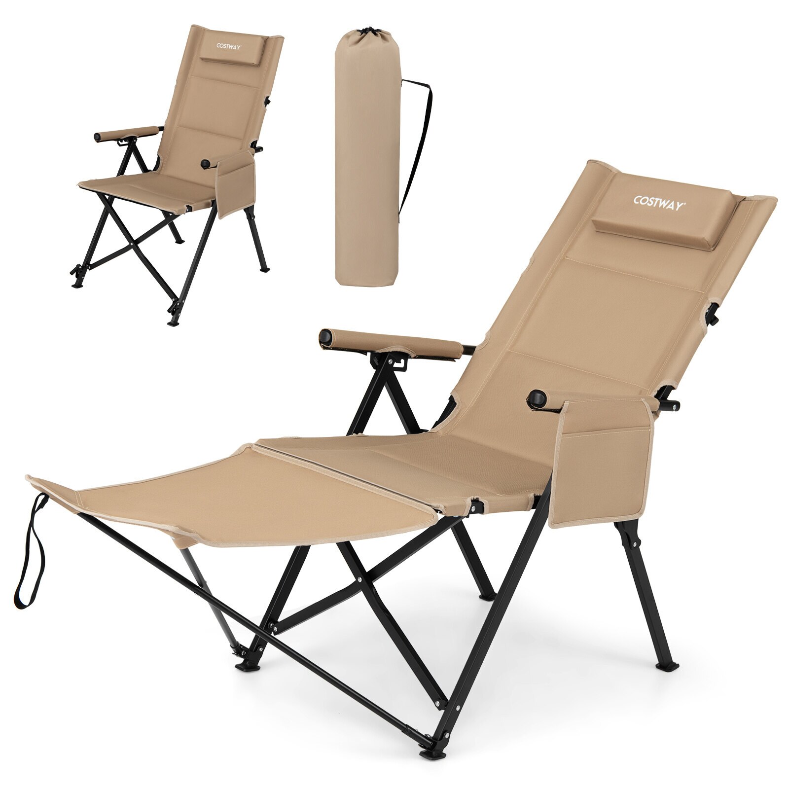 2-in-1 lepotuoli jalkatuella, kokoontaitettava kannettava rantatuoli - khaki