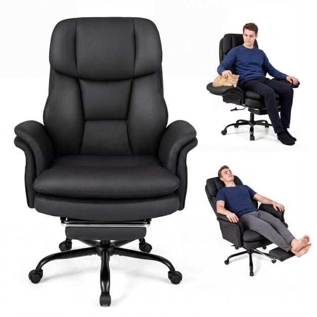 Ergonominen ristijalkainen toimistotuoli, iso ja korkea johtajan tuoli sisäänvedettävällä jalkatuella - musta