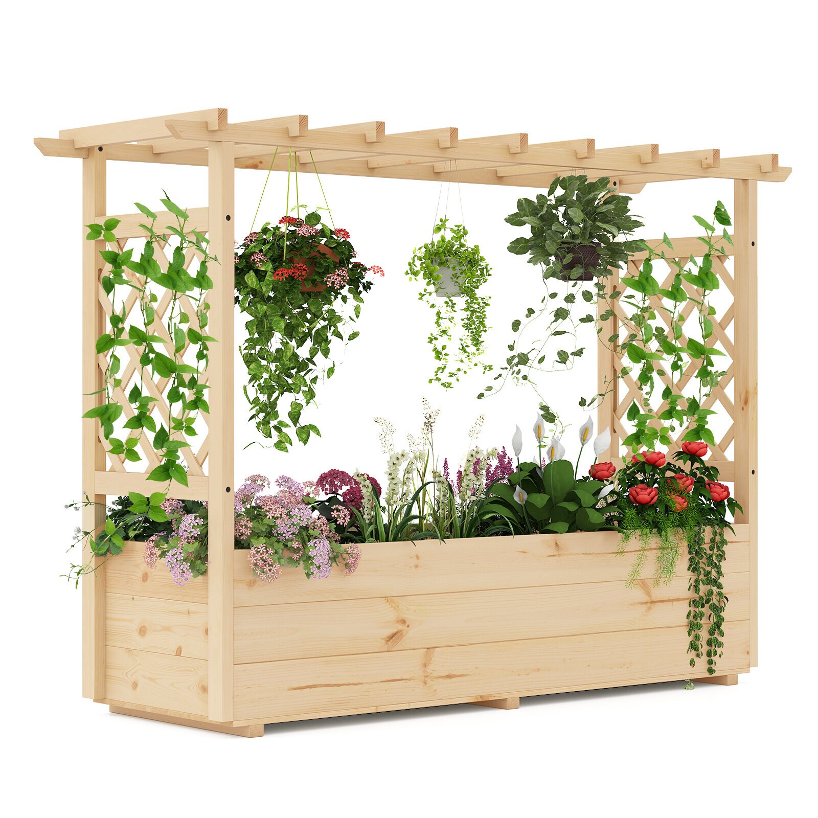 Korotettu istutuslaatikko 148x50x103cm säleiköllä terassille ja parvekkeelle - luonnonvärinen