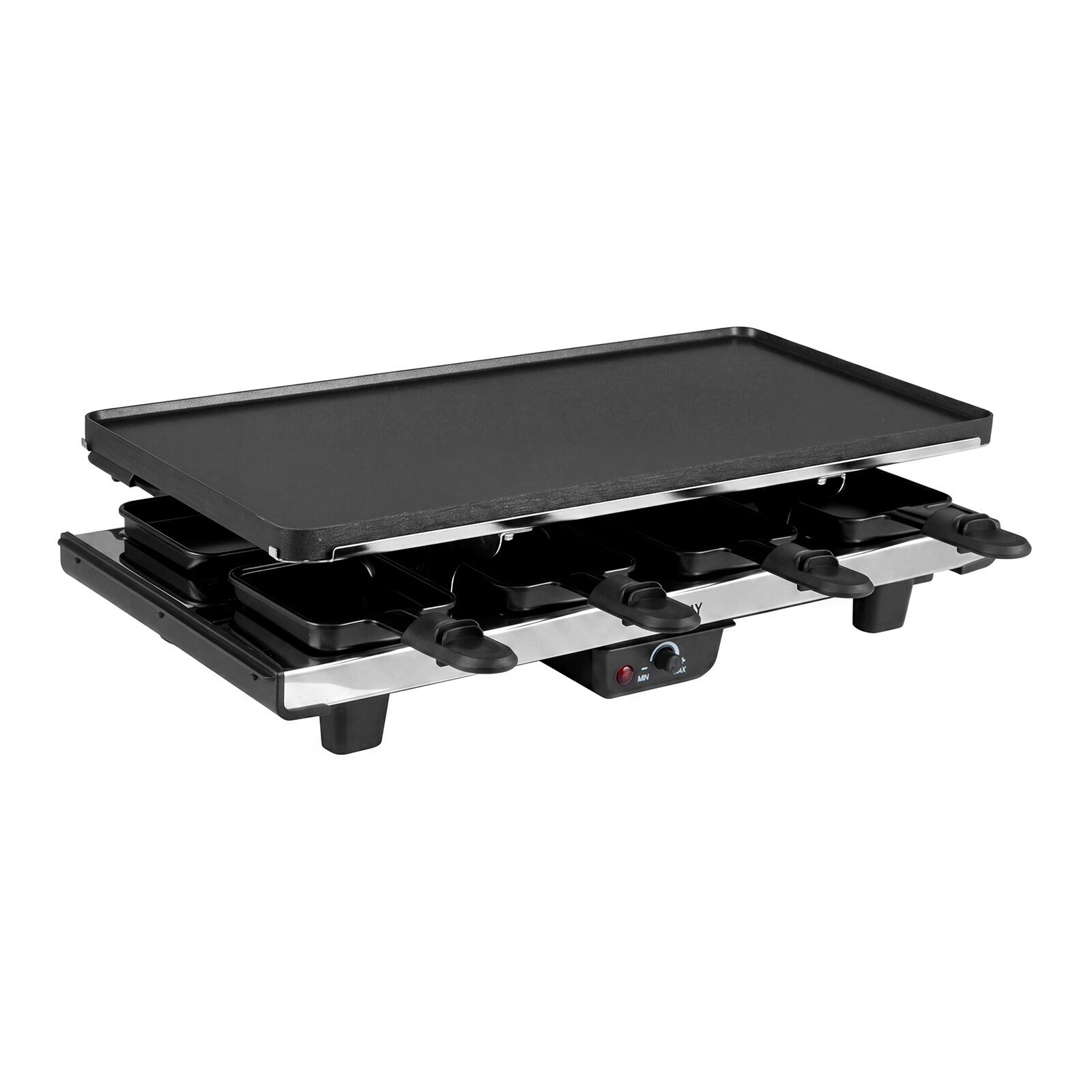 1400 W 2-in-1 raclette-grilli käännettävällä tarttumattomalla levyllä, 8 pannua, 8 puista lastaa ja pihdit, säädettävä lämpötila, 48 x 24 x 12 cm, musta