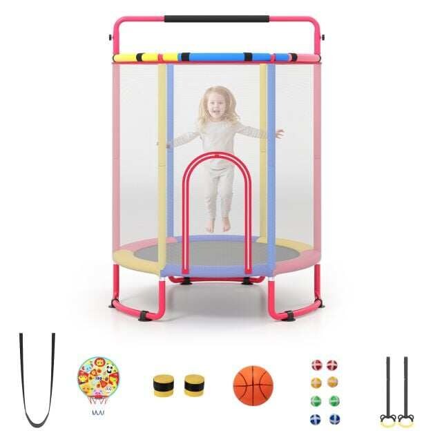 Lastentrampoliini 154 cm 6 in 1 Lastentrampoliini voimistelutangolla, keinulla ja renkailla, monivärinen