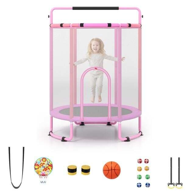 Lastentrampoliini 154 cm 6 in 1 Lastentrampoliini voimistelutangolla, keinulla ja renkailla, pinkki