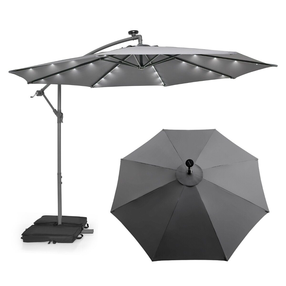 Liikennevalovarjo hiekkasäkeillä, aurinkovarjo LED, Ø 300 cm, kampi, UV-suoja, harmaa