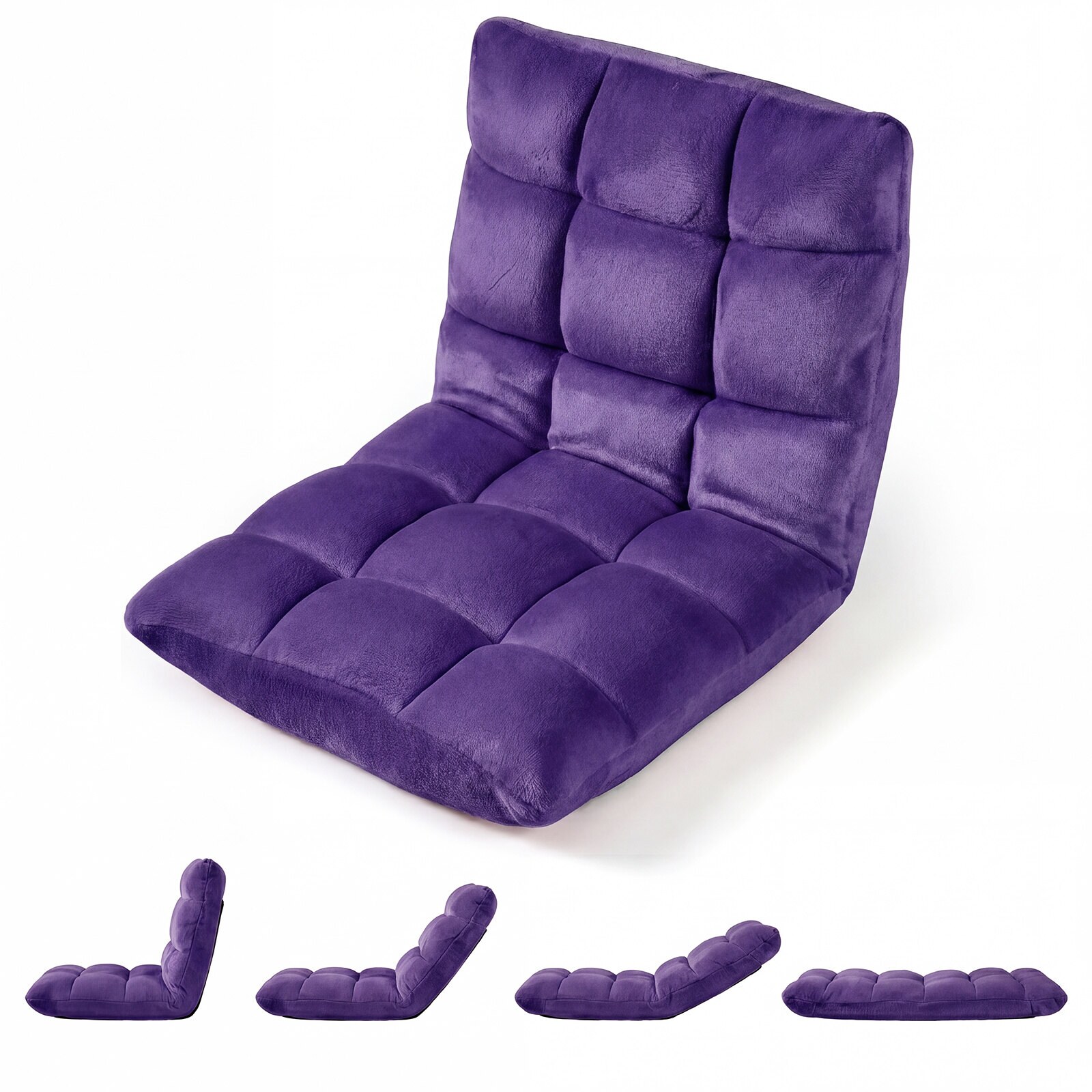 Kokoontaitettava lattiatuoli/nojatuoli säädettävällä selkänojalla ja tiheällä vaahtomuovilla, violetti