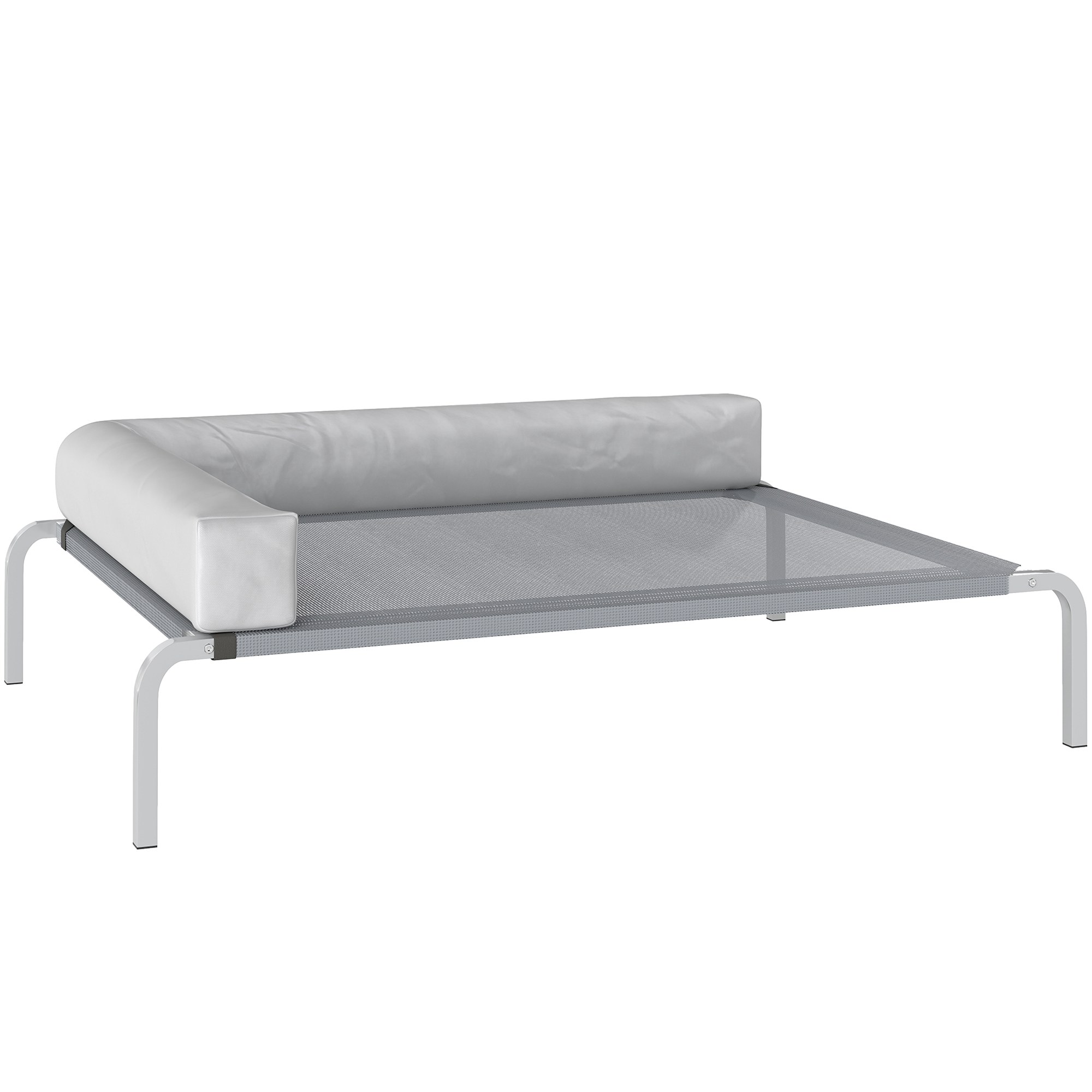 Ulkokäyttöön tarkoitettu koiranpeti, korotettu koiranpeti keskikokoisille koirille, L-muotoisella tyynyllä 110x75x30cm, vaaleanharmaa