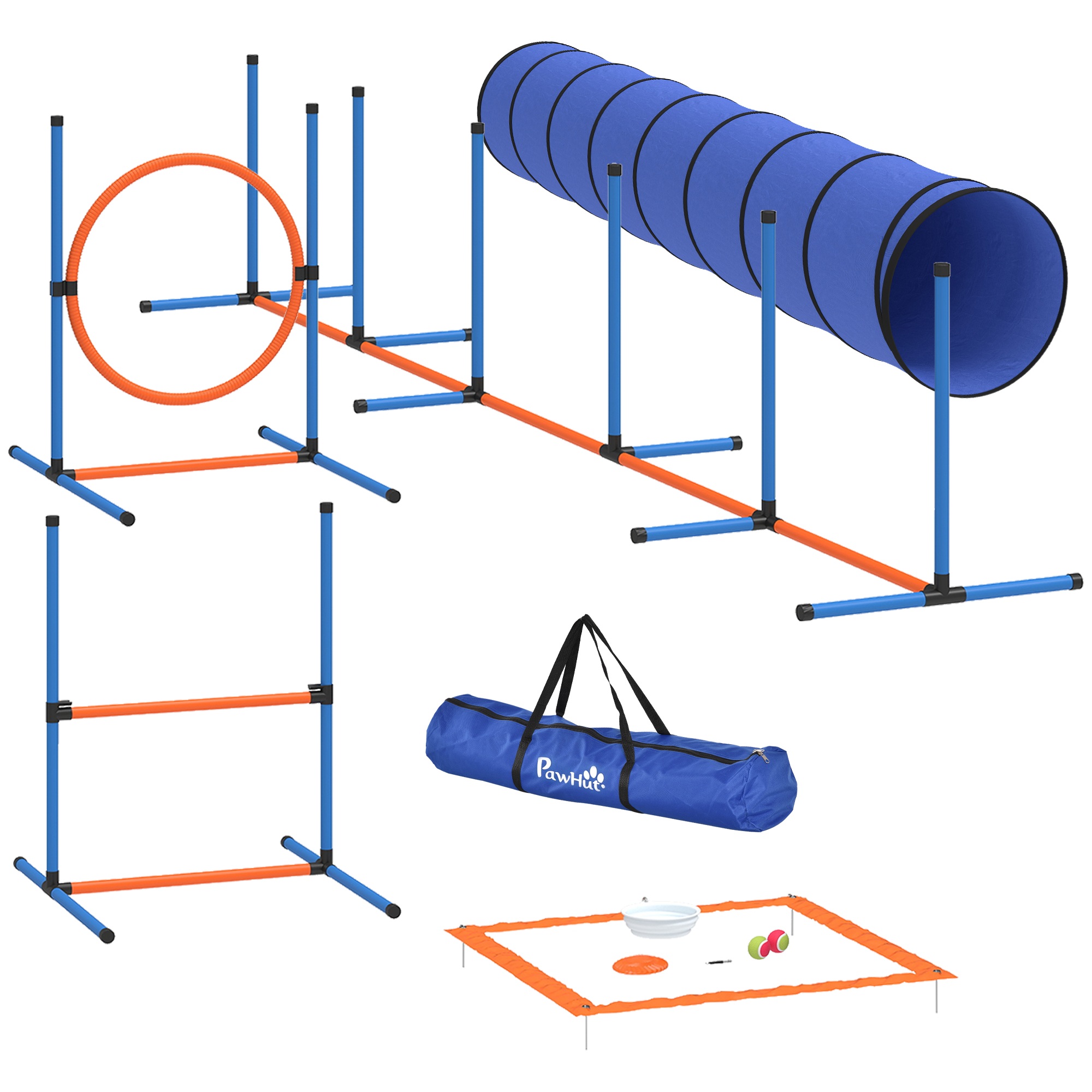 Koiran agility-koulutussetti, 8-osainen setti tunnelilla, pujottelukeppeillä, säädettävillä aidoilla, hyppyreunuksella ja kulholla
