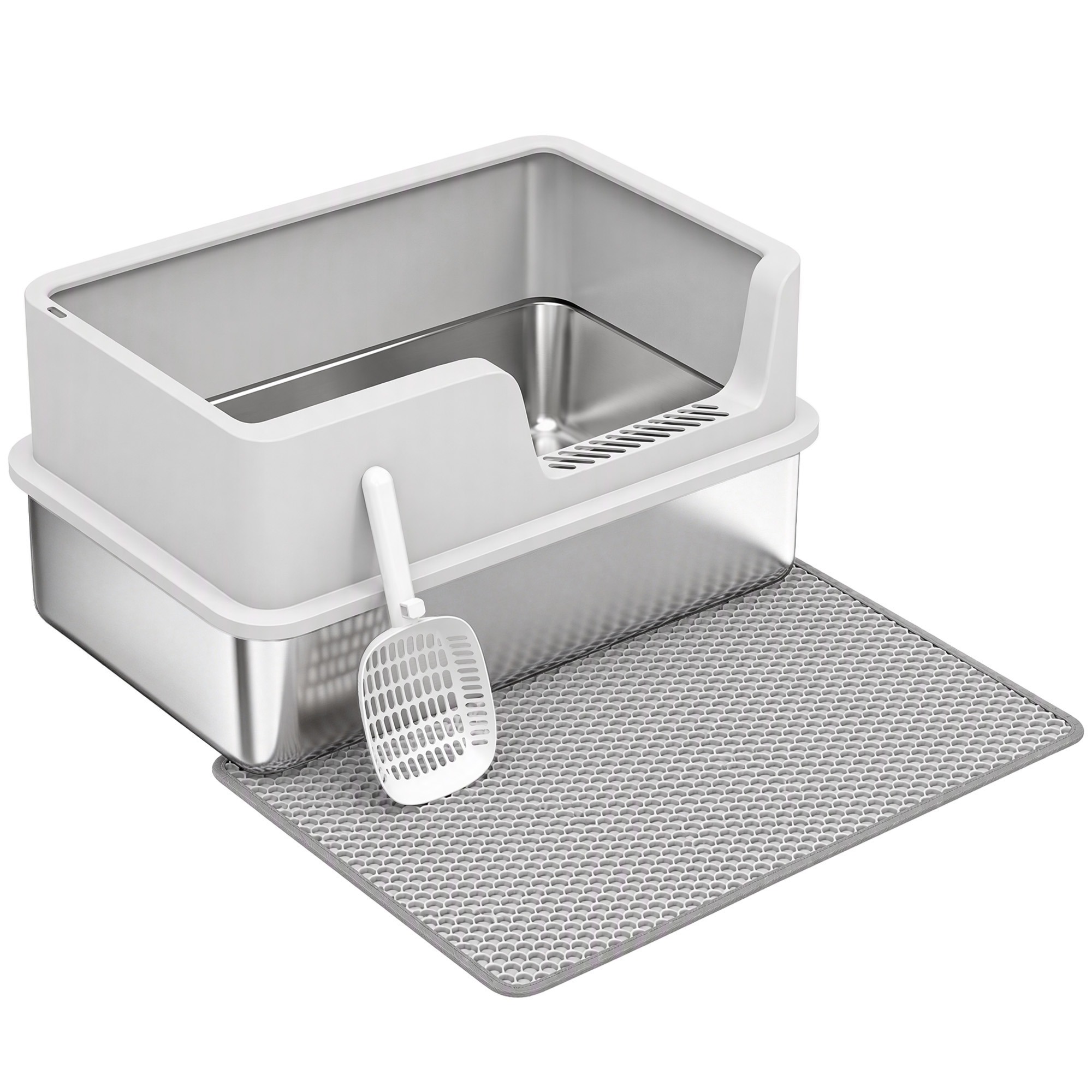 XL-kokoinen ruostumattomasta teräksestä valmistettu kissanhiekkalaatikko kannella, korkeilla reunoilla, kauhalla, harjalla ja alustalla, kissanpennuille jopa 8 kg, vaaleanharmaa