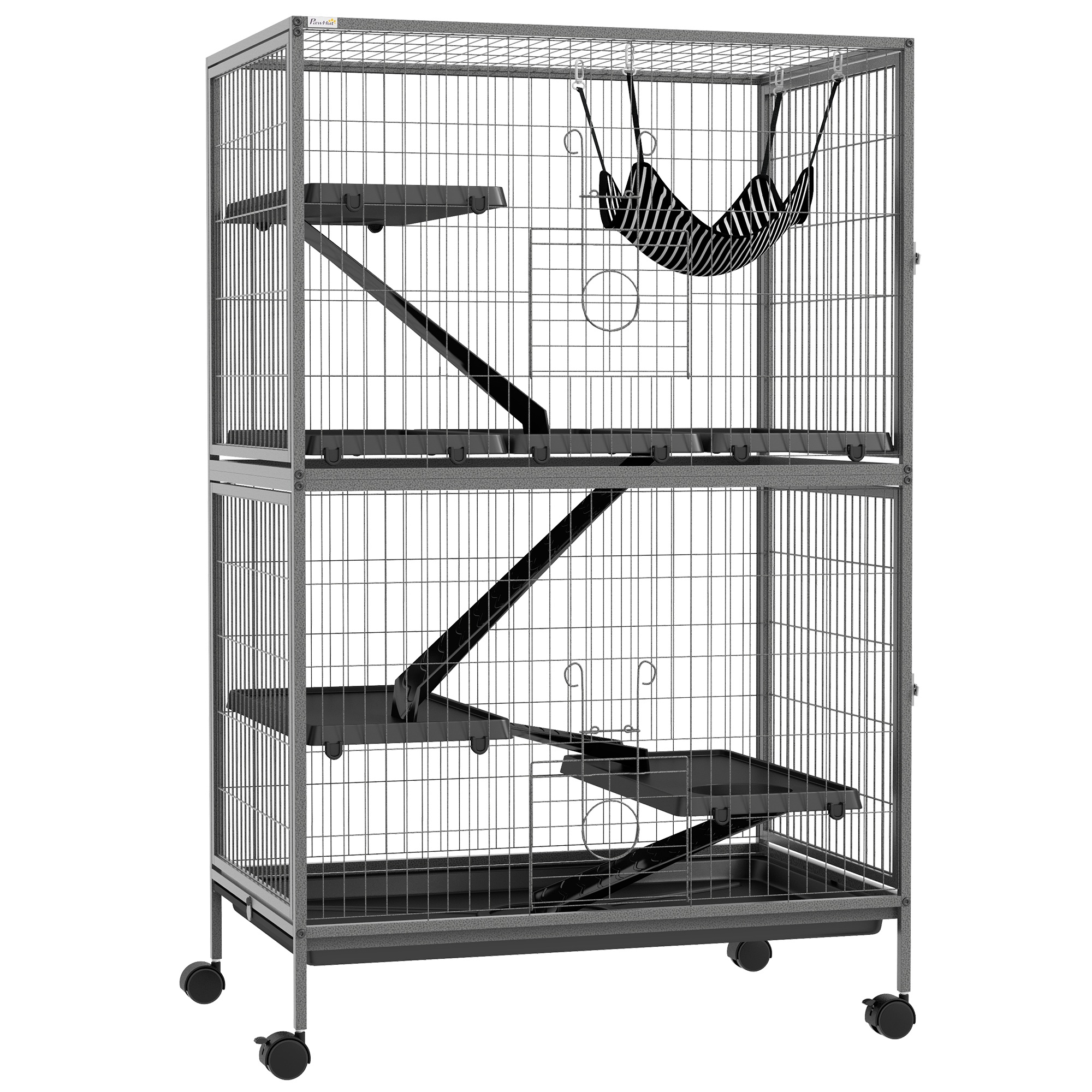 Pieneläinhäkki riippumatolla, jyrsijähäkki pyörillä, 4-kerroksinen häkki, metallia, muovia, 80 x 52 x 128 cm, harmaa