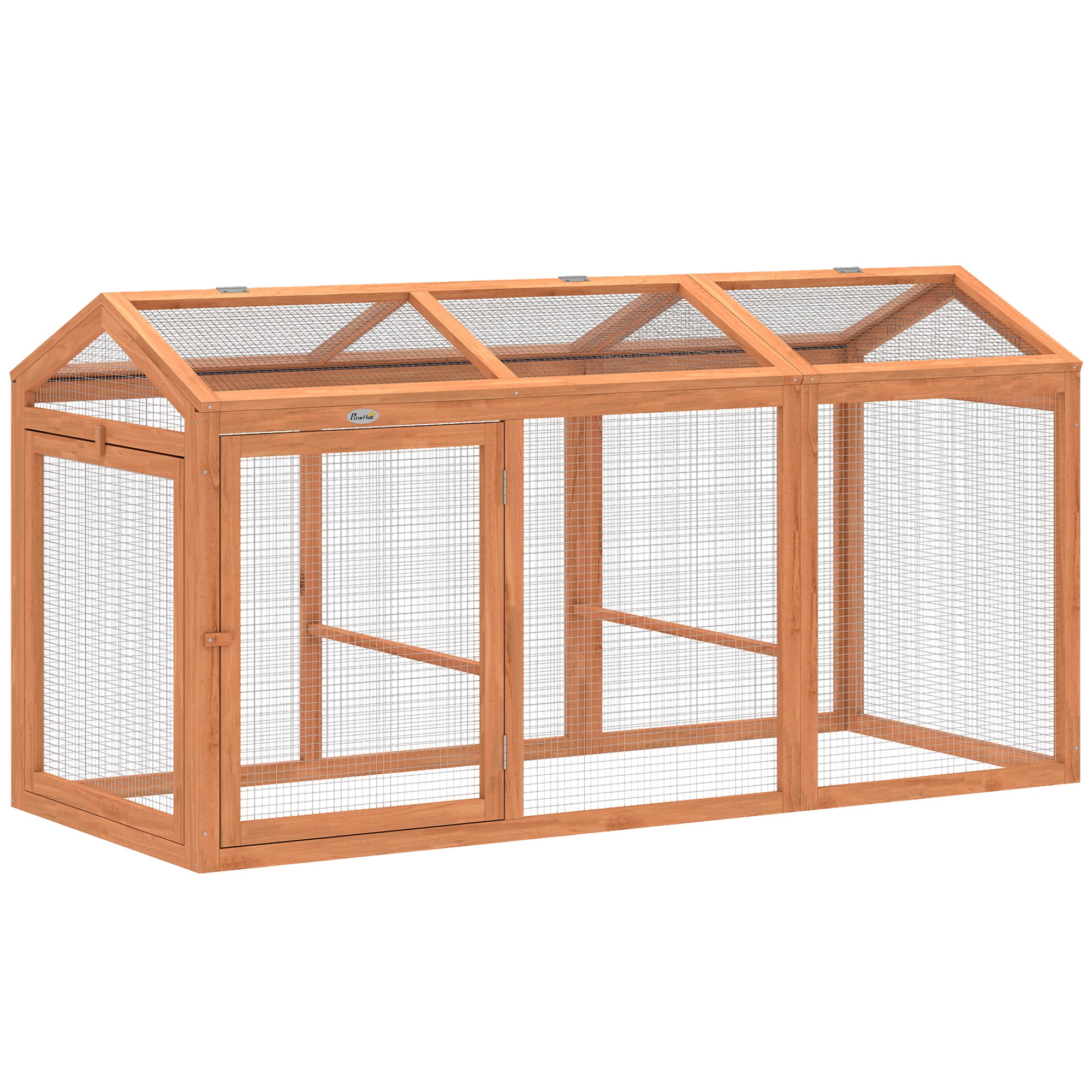 Kanala/aitaus orrella, pariovet, puuta ja metallia, neljälle kanalle, 156 x 70,5 x 84 cm, oranssi
