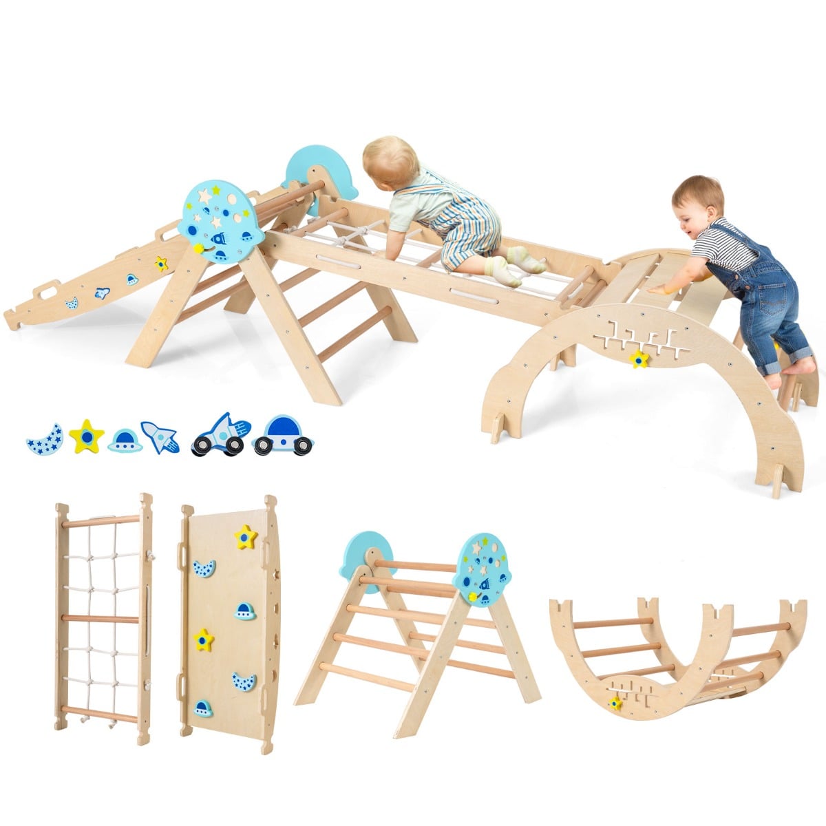 9-ühes Montessori ronimiskomplekt: puidust Pikleri kolmnurk, ronimiskaar, ronimisköis, redel ja kahepoolne liumägi, naturaalne