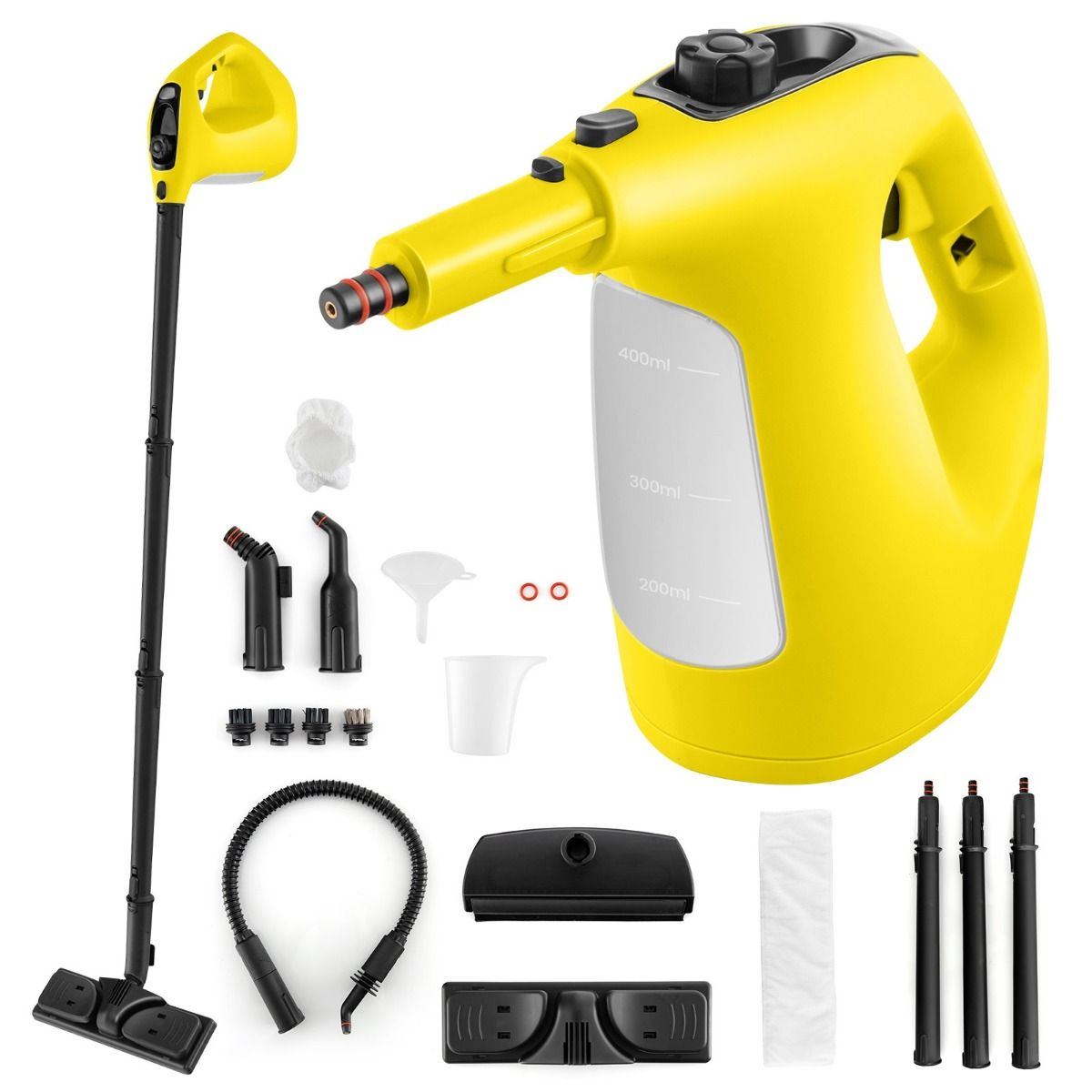 Kuuma auruga käsi-aurupuhasti ja multifunktsionaalne puhastusseade (1500 W, paak 400 ml, kuni 125 °C), kollane