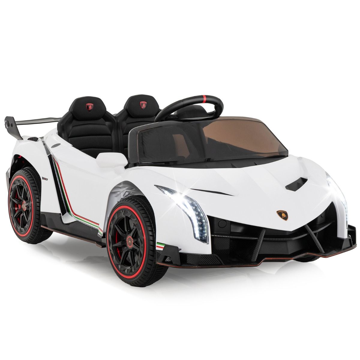 Lasten Lamborghini sähköauto kaukosäätimellä ja LED-ajovaloilla ja äänitorvella ja musiikilla, valkoinen
