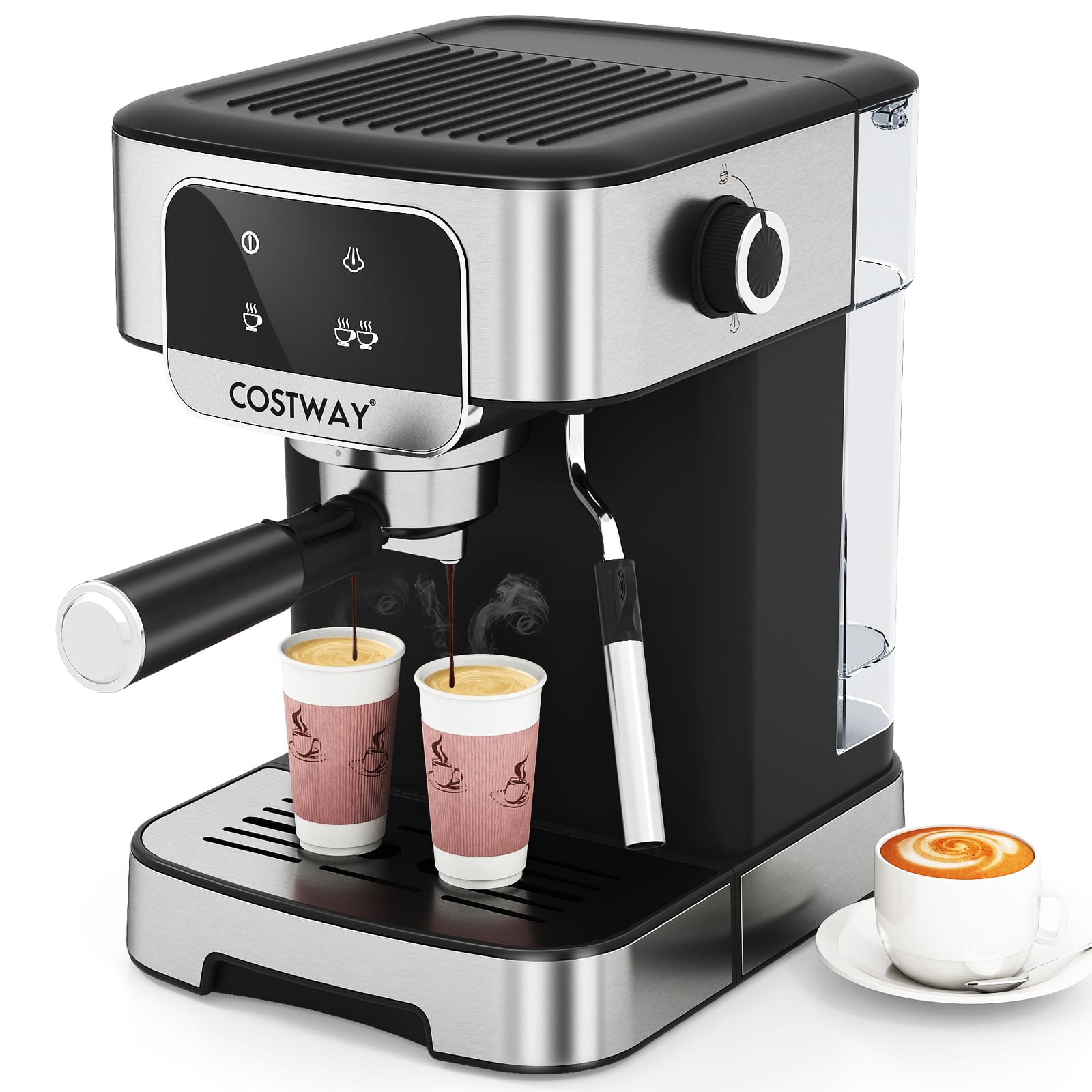 1200 W:n ammattimainen kahvinkeitin höyrymaitovaahdottimella, 20 baarin espressokone baristoille, musta ja hopea