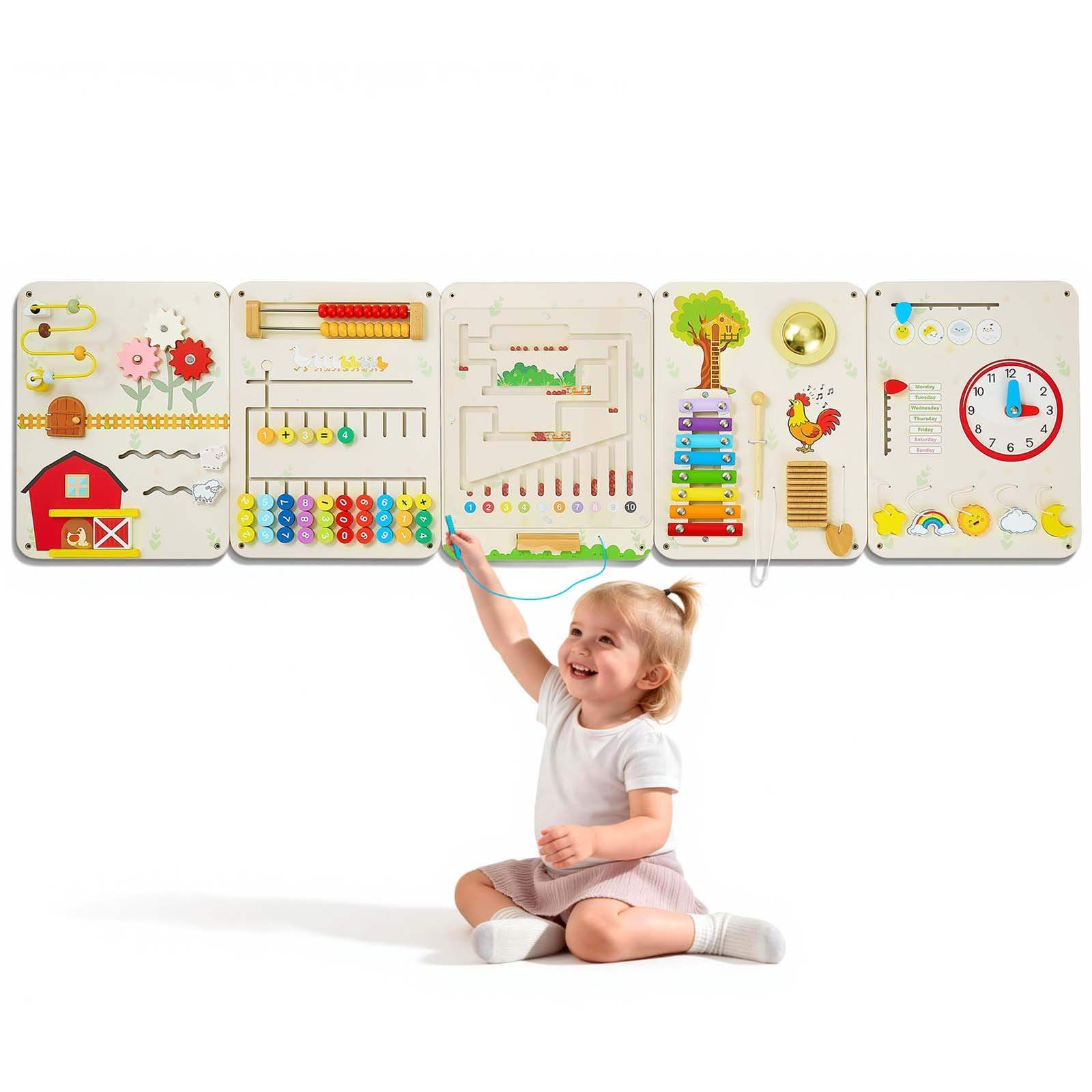Puinen Montessori-puuhataulu seinälle, 16 toimintoa, 5 paneelia ja kiinnikkeet, aistioppimiseen päiväkodissa, luokassa, leikkihuoneessa ja kotona