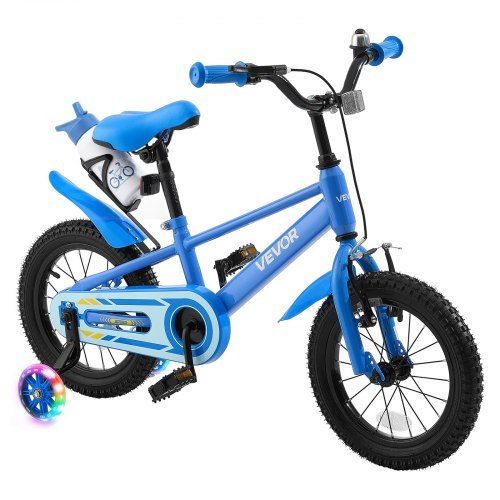 BMX-tyylinen lasten polkupyörä, 14 tuumaa, apupyörät, säädettävä istuin ja ohjaustanko, etujarru ja takajalkajarru, mukiteline, runsashiilinen teräsrunko, 3–5-vuotiaille, sininen