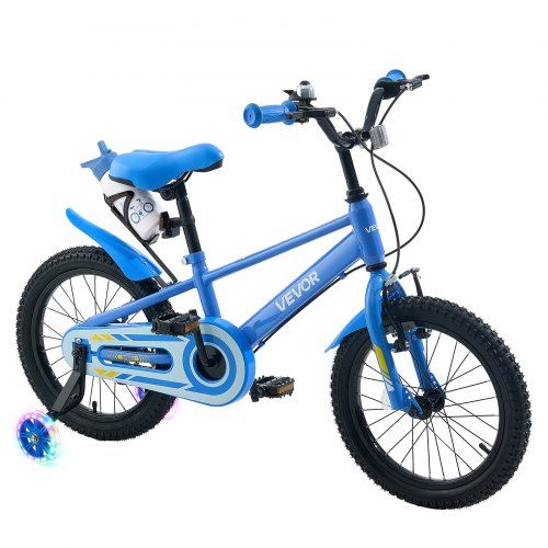 BMX-tyylinen lasten polkupyörä, 16 tuumaa, apupyörät, säädettävä istuin ja ohjaustanko, etujarru ja takarumpujarru, mukiteline, runsashiilinen teräsrunko, 4–7-vuotiaille, sininen