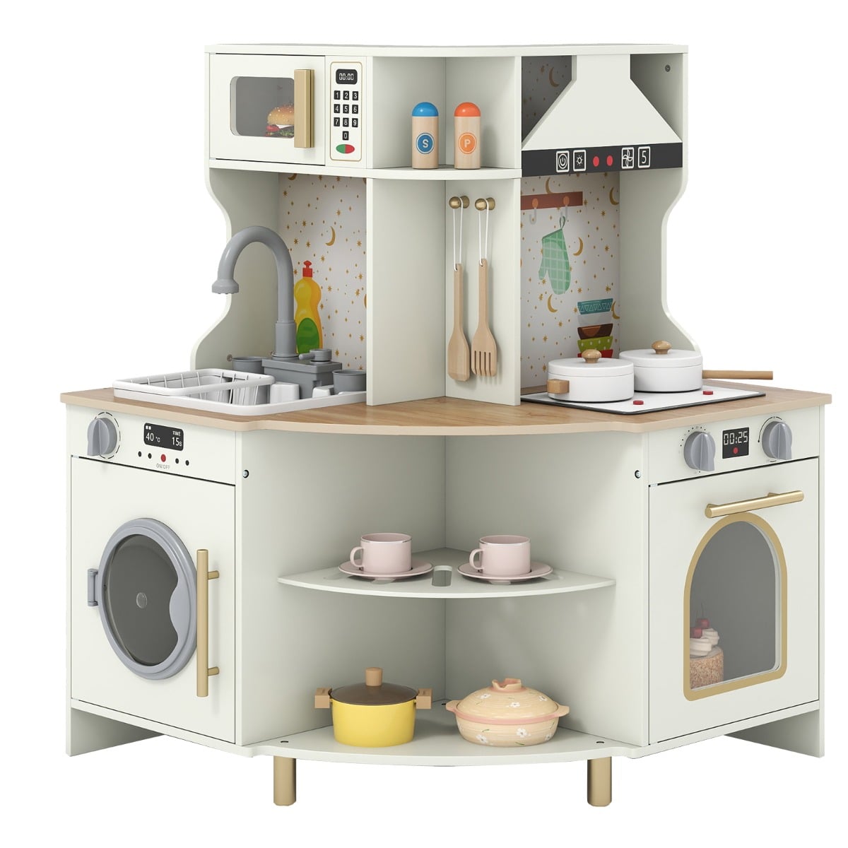 Lasten leikkikeittiö, puinen kulmakeittiöleikkisetti, jossa toimiva hana ja pesuallas - beige