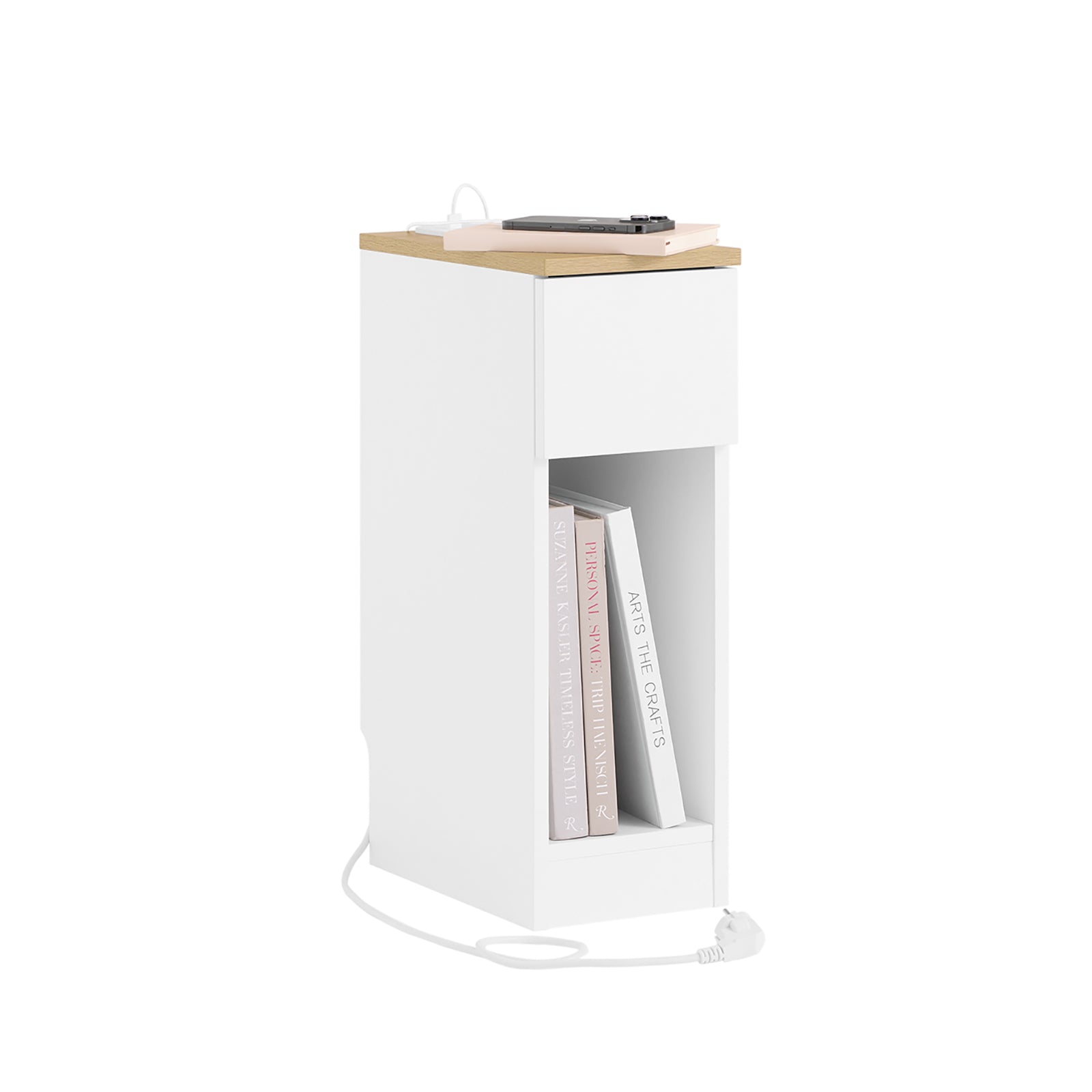 Kapea Yöpöytä Latausasemalla - USB & Type-C, Pistorasia, Valkoinen 20x35x60 cm