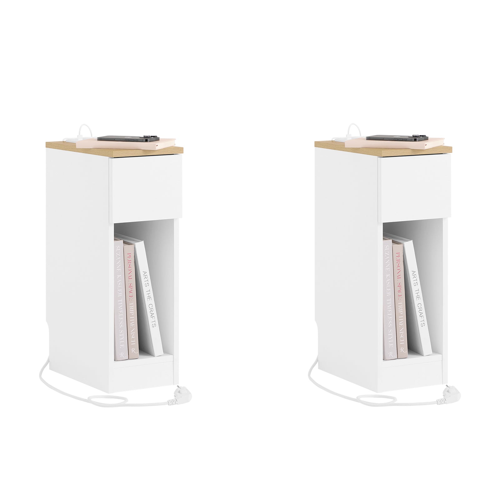Kapea 2 kpl Yöpöytäsarja Latausasemalla, USB- ja Type-C-porteilla - Tilaa Säästävä Sivu- ja Yöpöytä Makuuhuoneeseen ja Olohuoneeseen, Valkoinen 20 x 35 x 60 cm