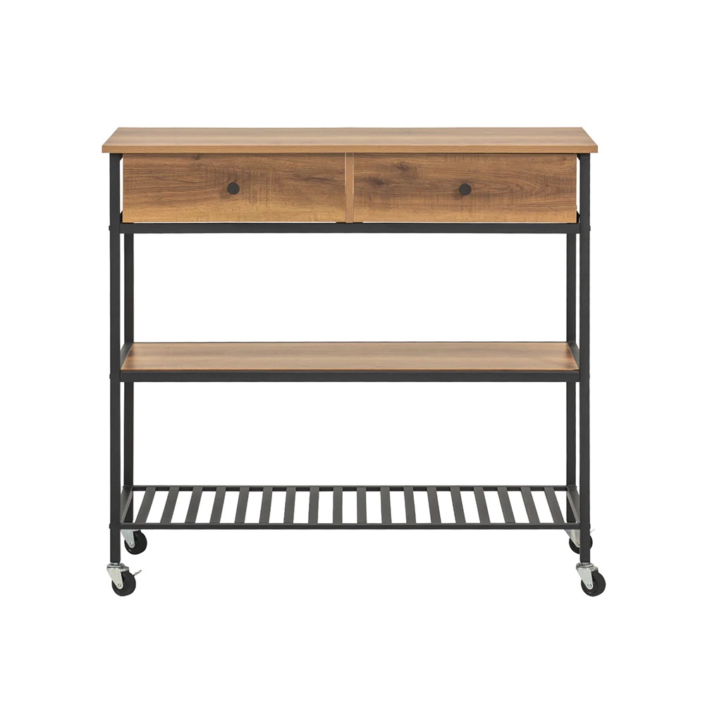 Teollistyylinen Keittiövaunu Pyörillä, 2 Laatikkkoa ja 2 Avohyllyä - Kompakti Säilytysratkaisu Pieniin Keittiöihin (100x45x93 cm)