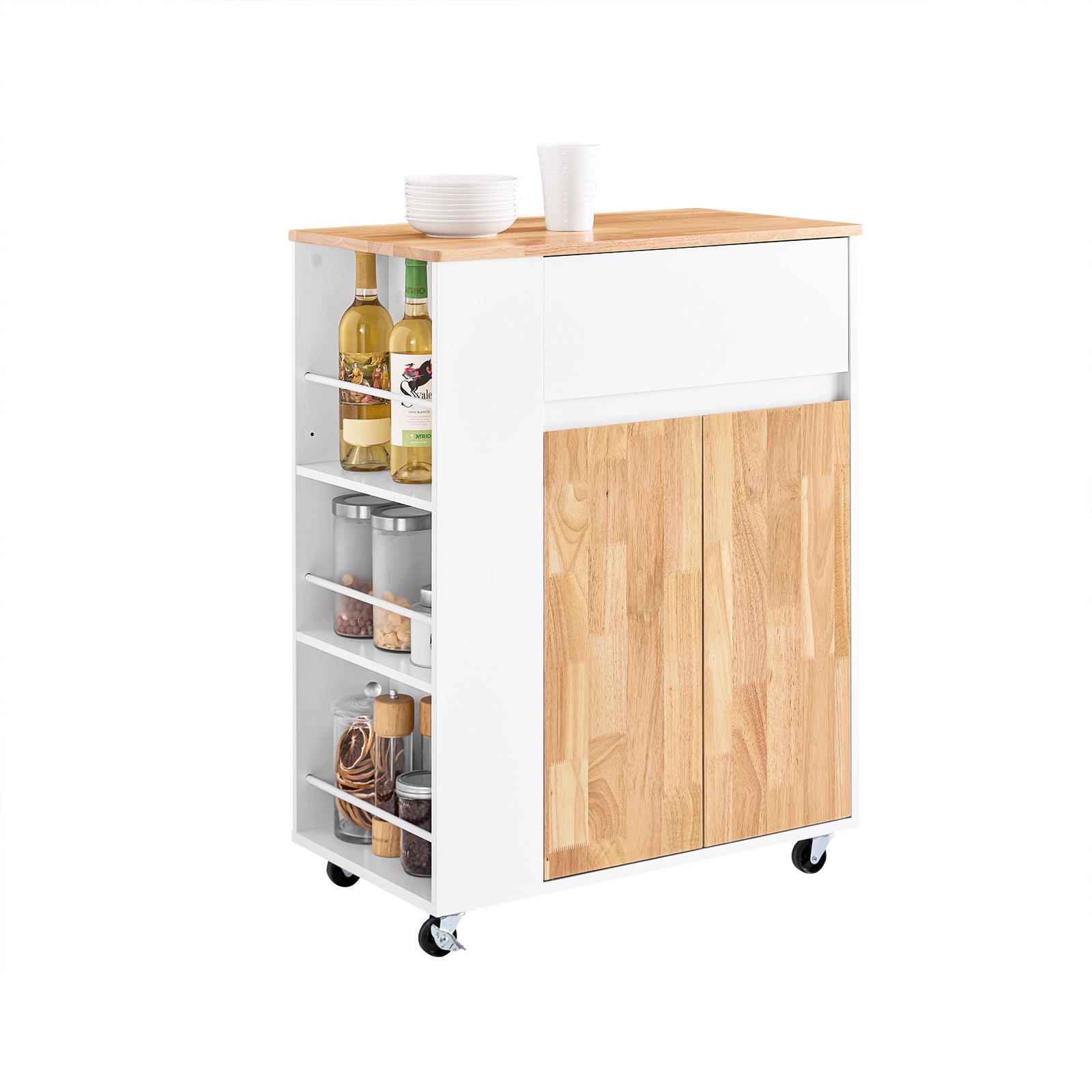 Keittiön Tarjoiluvaunu Pyörillä - Keittiökaluste Kumipuusta Valmistetulla Työtasolla, Itsenäinen Keittiöyksikkö Ruokailutilaan ja Kahviasemaksi, 70 x 40 x 90 cm Valkoinen