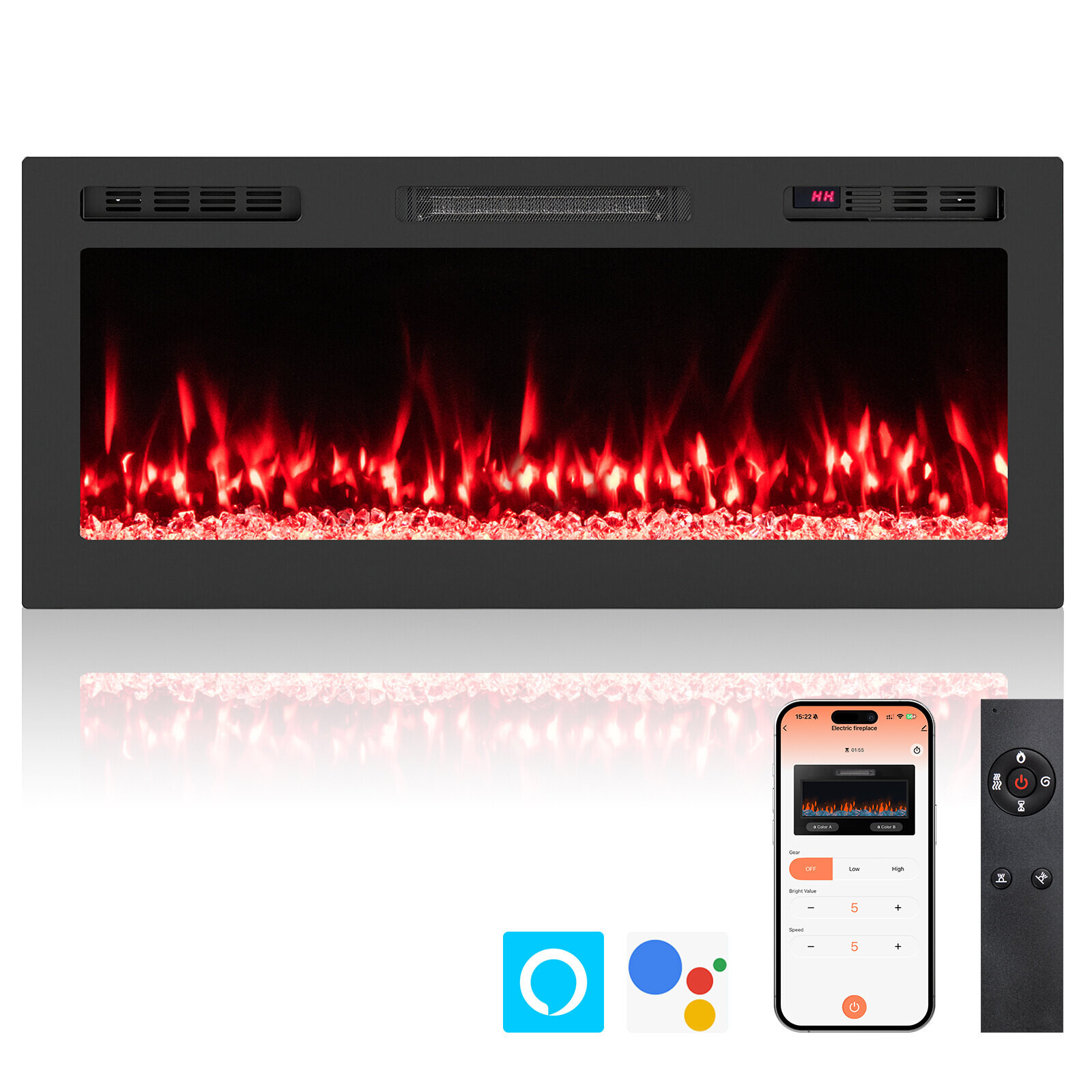 42" sähkötakka lämmittimellä 750W/1500W sisäänrakennettu takka kaukosäätimellä ja sovelluksella, WiFi
