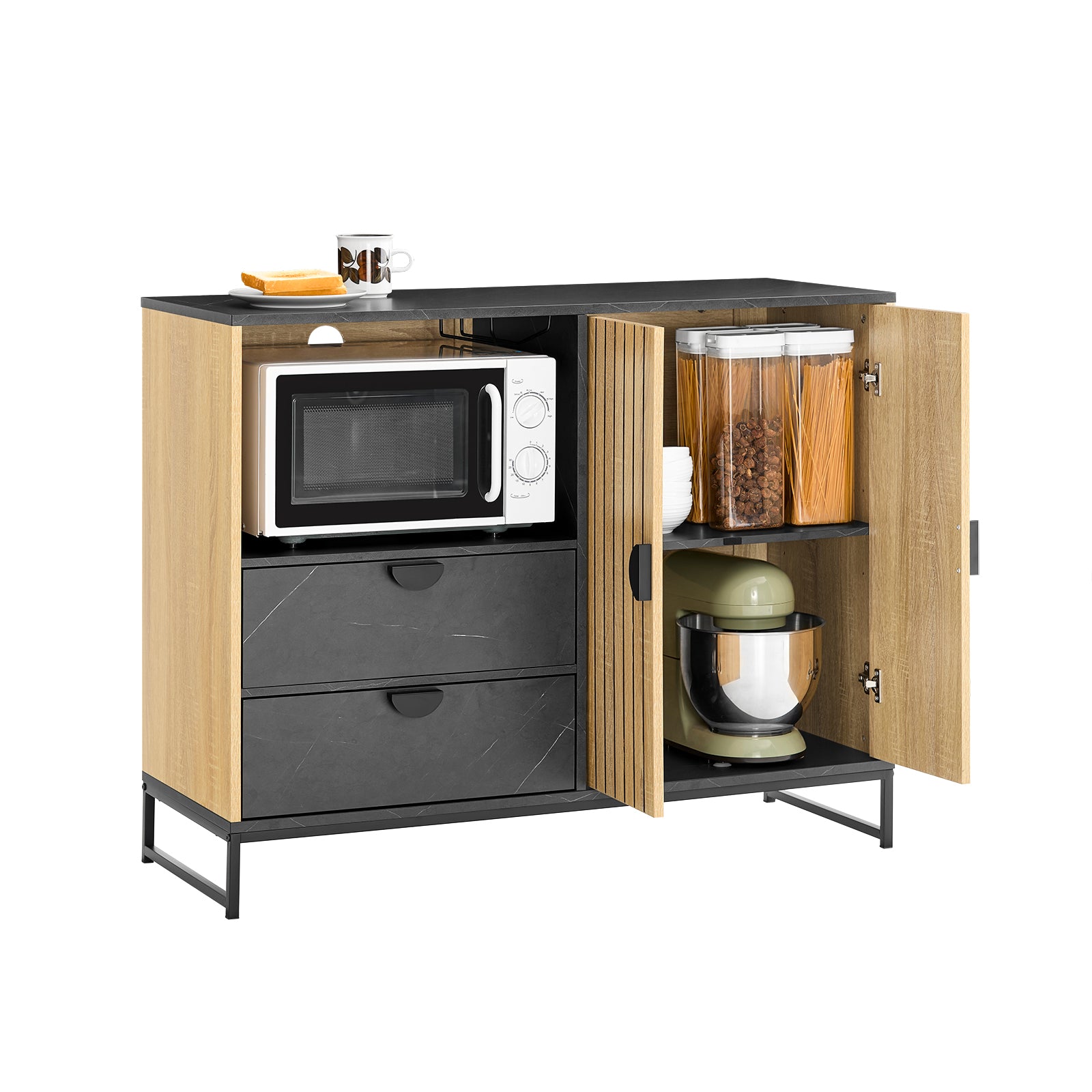 Säilytyskaappi, Keittiön buffet-kaappi ruokasaliin, mikroaaltouuni-nischa Ø6 cm & lasiteline, säädettävä hylly, korkeat metallijalat, tammi/musta, 107x40x85 cm