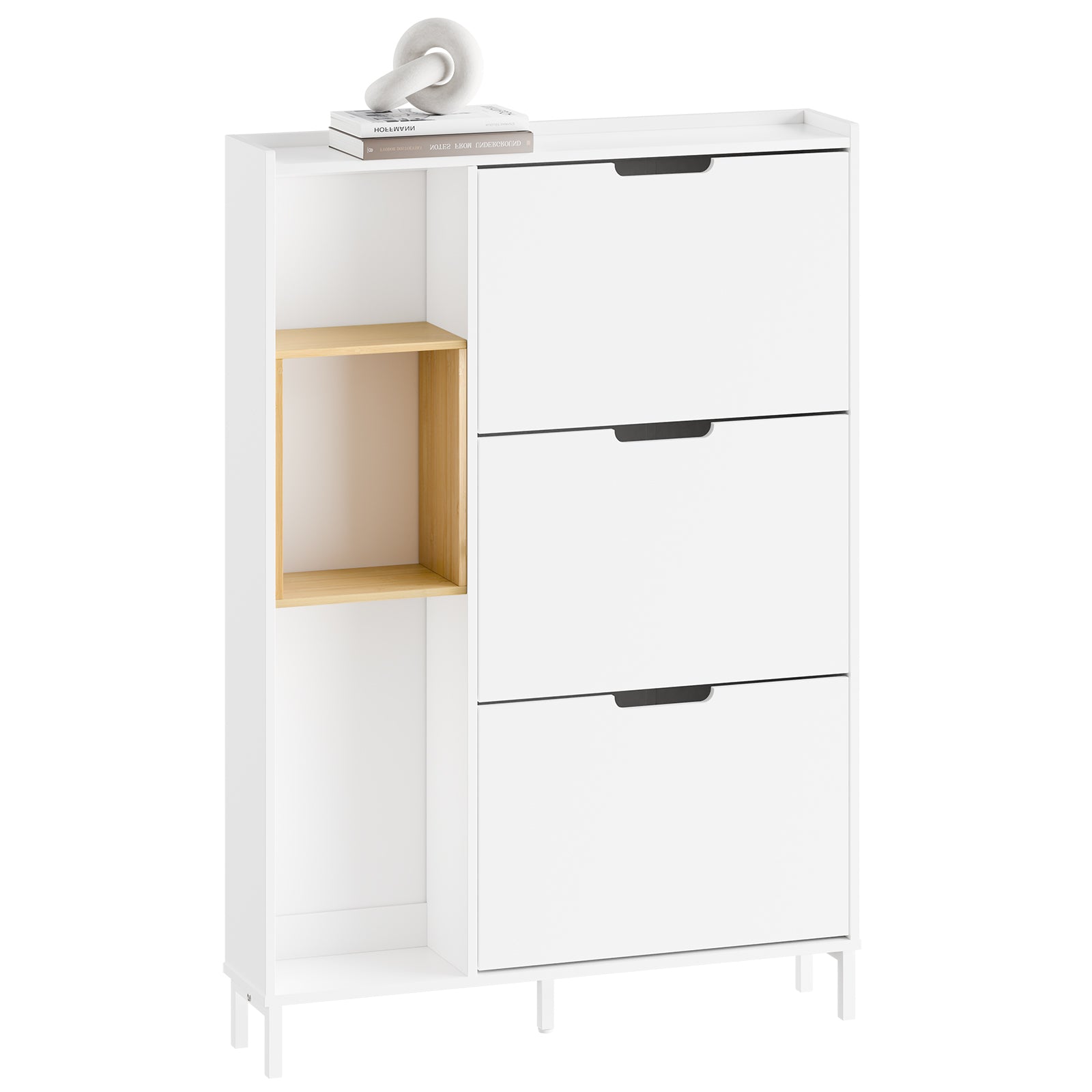 Kapea Kenkäkaappi Eteiseen - Valkoinen Kenkäkaappi 9 Kengälle - Tilaa Säästävä, MDF & Bambu, 90x19x129,5 cm