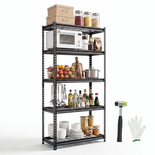Tukeva vakaa 5-tasoinen metallihylly säädettävillä lankahyllyillä, 92,3 × 41,5 × 181 cm, 907,2 kg, käsineet, autotalliin, kellariin, varastoon ja keittiöön, musta