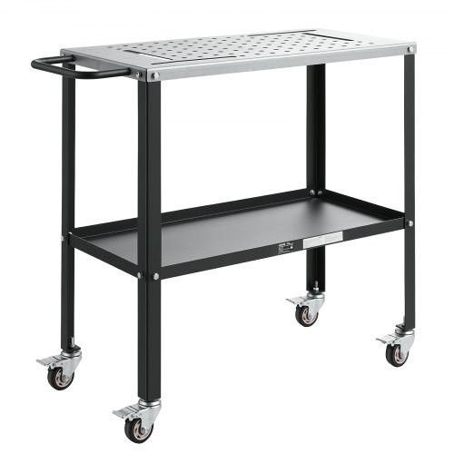 Tukeva siirrettävä teräksinen hitsauspöytä, 914 × 457 mm, kantavuus 544 kg, 4 lukittavaa pyörää, 4 työkalurakoa, 16 mm kiinnitysreiät ja työkalutaso, työpajaan
