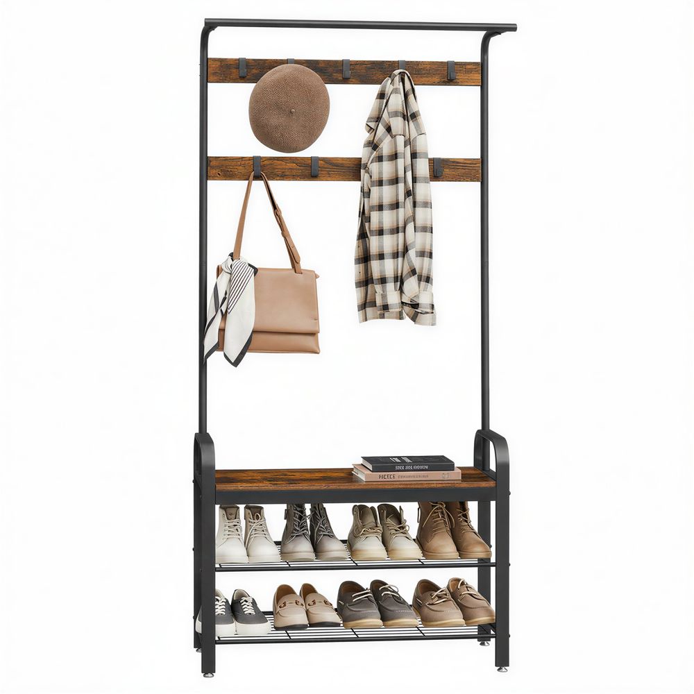 Vaateteline, vaatekaappi, kenkäteline istuimella, vaateteline 9 irrotettavalla koukulla, penkki, 2 metallihyllyä, 183 cm korkea, teollinen muotoilu, vintage ruskea-musta