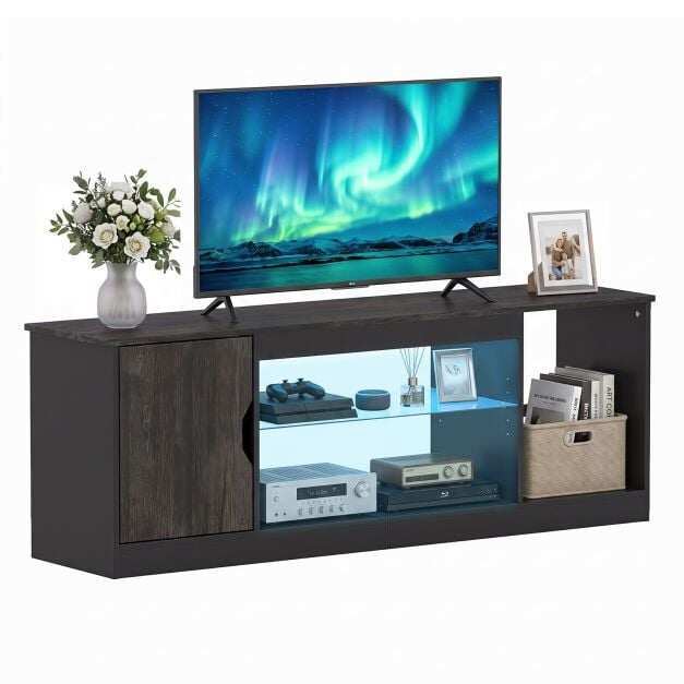 TV-taso LED-valonauhalla ja säädettävällä lasihyllyllä televisioille, joiden koko on enintään 165 cm - musta