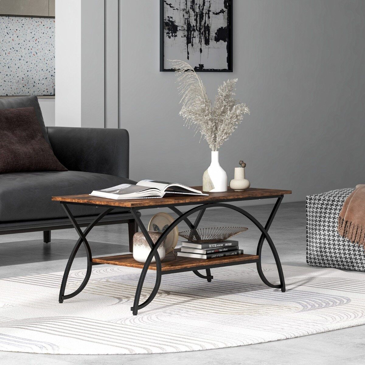 Sohvapöytä hyllyllä ja metallirungolla Moderni sohvapöytä 100 x 50 x 45 cm vintage-ruskea