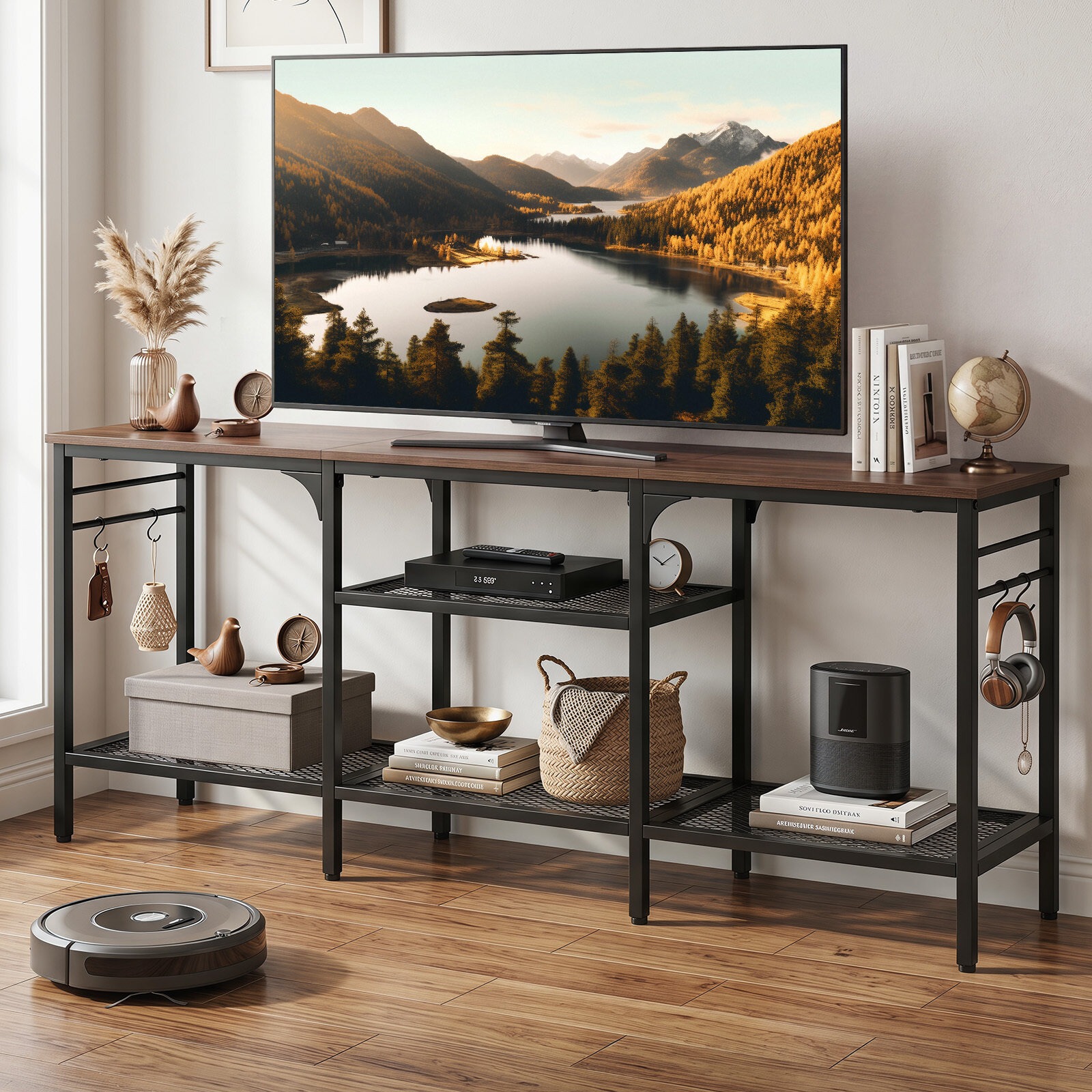 Teollisuusviihde-TV-taso 165,1 cm televisioille, metalliverkkohyllyt ja 4 ripustuskoukkua - maalaismainen ruskea