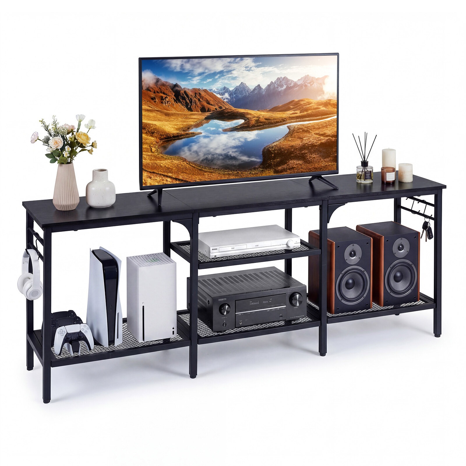 Teollisuusviihde-TV-taso 165,1 cm televisioille, metalliverkkohyllyt ja 4 ripustuskoukkua - musta