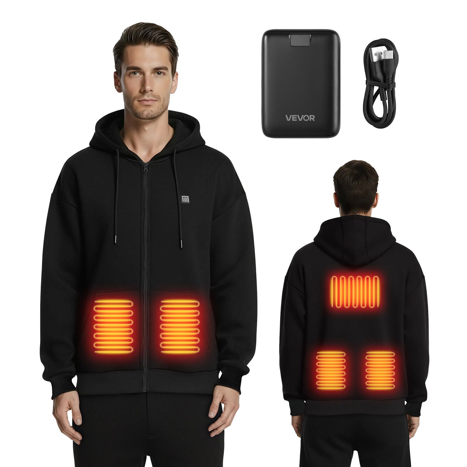 Lämmitettävä unisex-huppari täyspitkällä vetoketjulla, 7,4 V / 16 000 mAh varavirtalähde, 5 lämmitysaluetta, 3 lämpötilatasoa ja 4–8 h lämpöä, talviulkoiluun ja telttailuun, musta