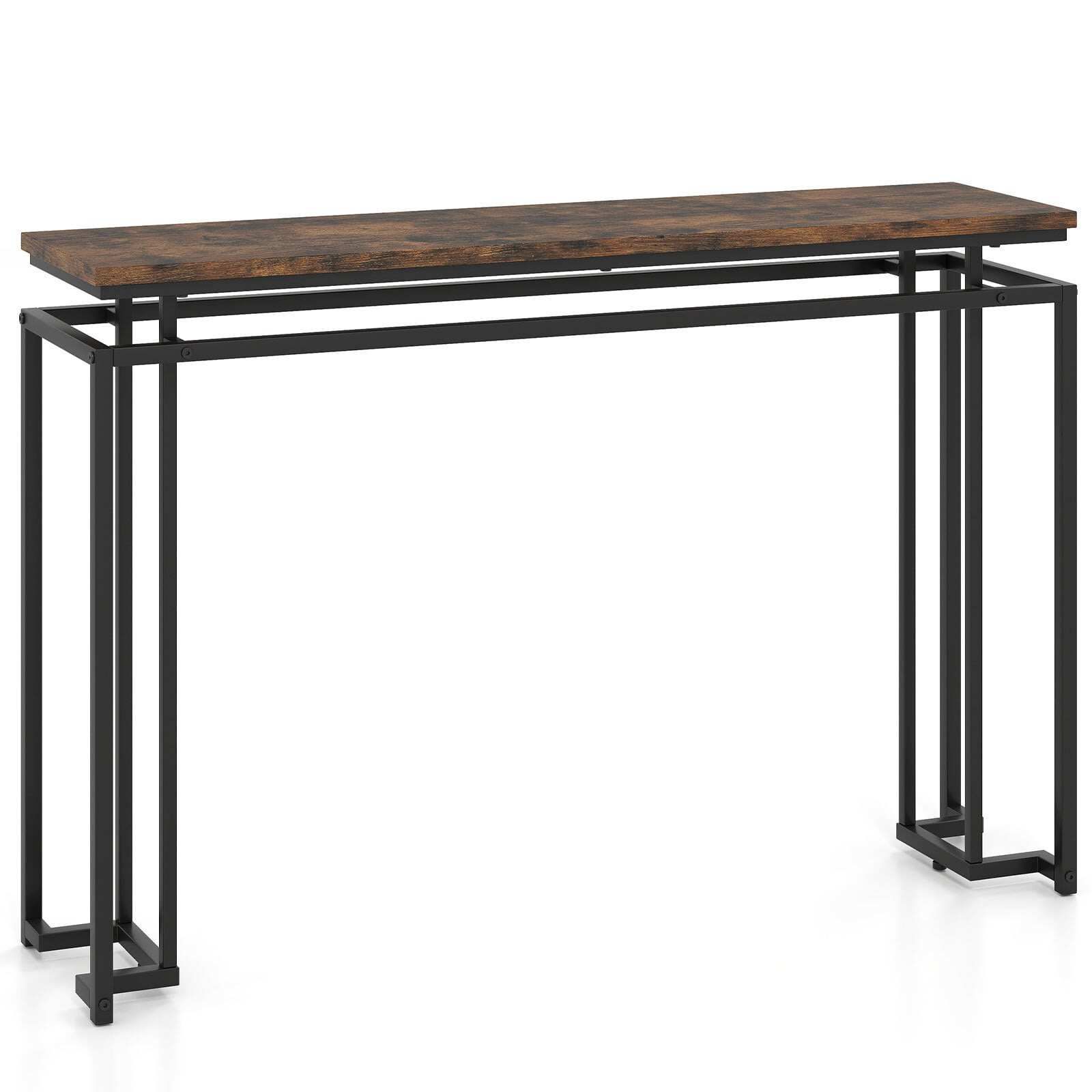 Kapea konsolipöytä, eteisen pöytä geometrisella metallirungolla, 120 x 30 x 80,5 cm, ruskea