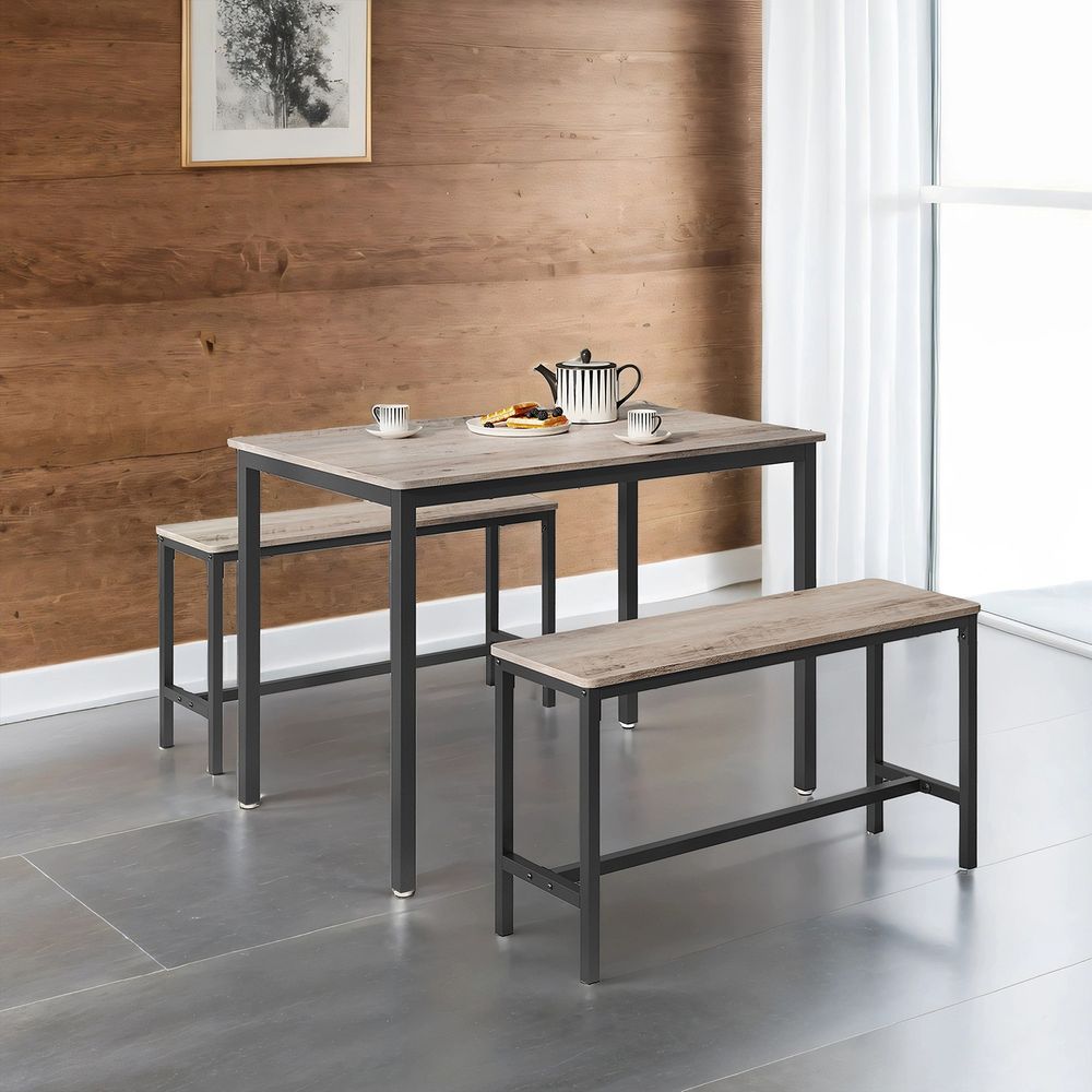 Ruokapöytä ja 2 penkkiä, keittiön pöytä, ruokapöydän penkit, teräsrunko, teollinen muotoilu, vintage ruskea-musta
