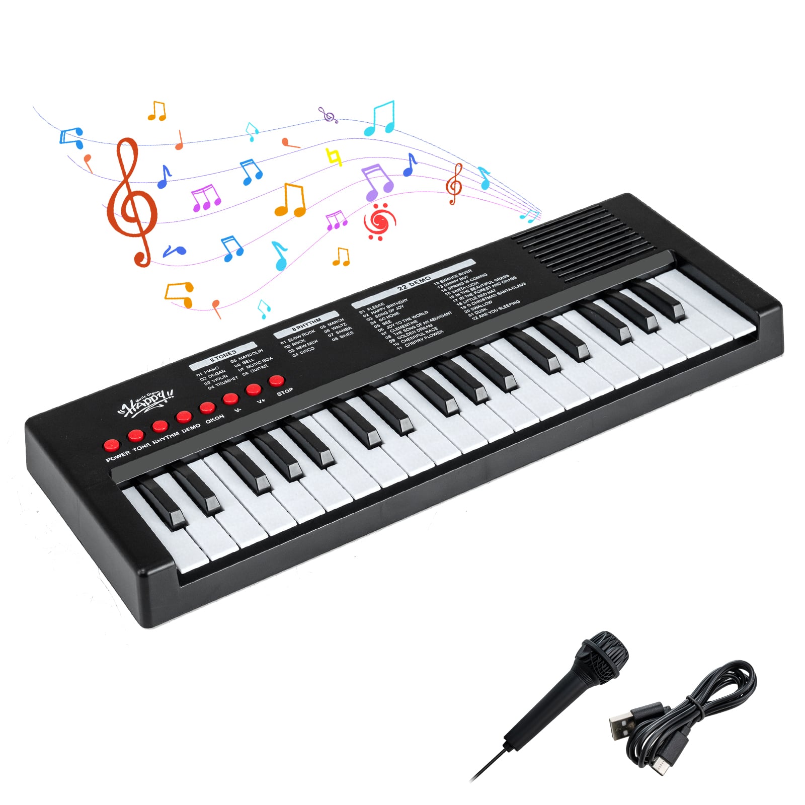 37 kosketinta, lasten pianokoskettimisto, 8 rytmiä ja mikrofoni - musta