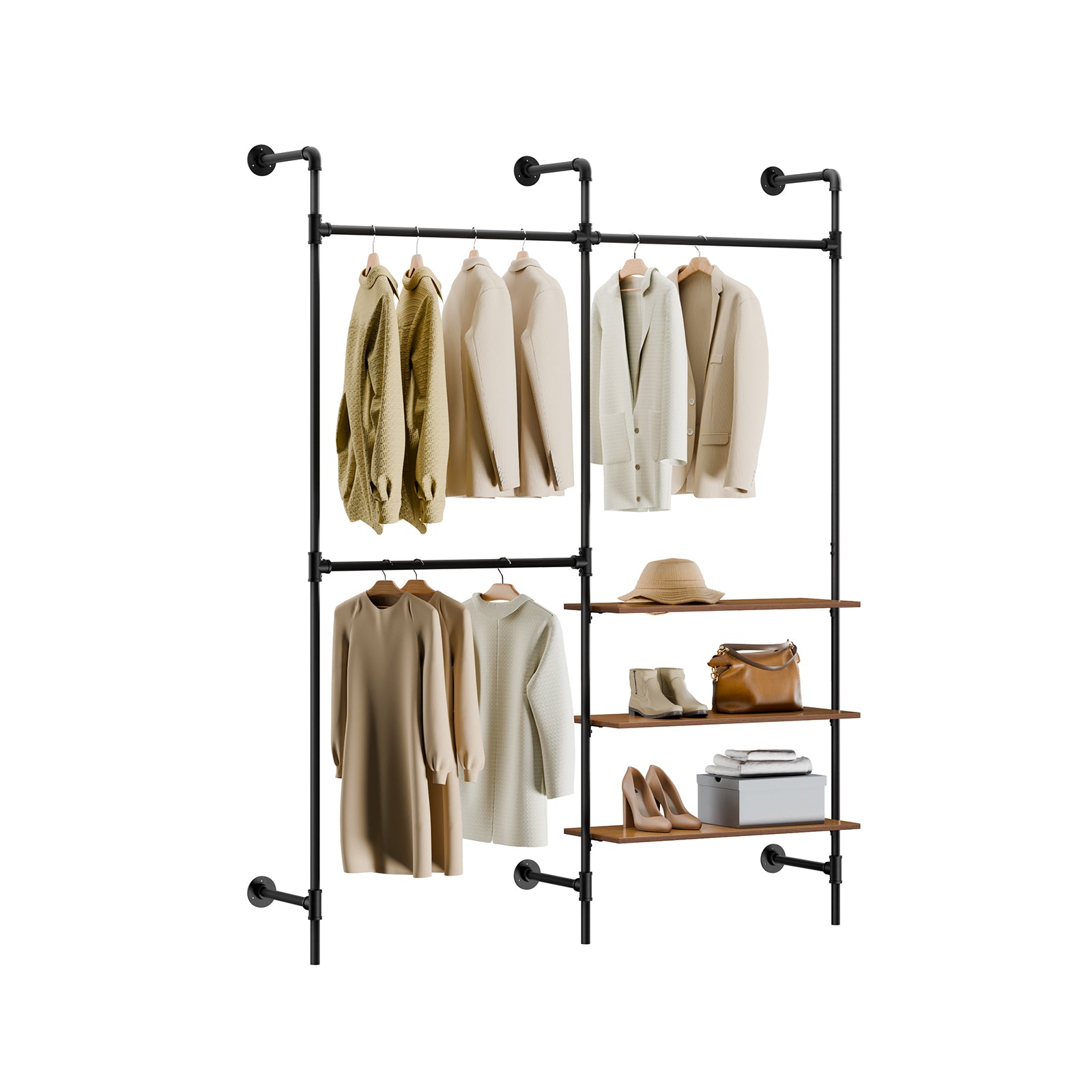 Teollistyylinen Seinävaateteline, Avoin Metallinen Vaatekaappi 3 Tangolla & 3 MDF-hyllyllä, Tilaa Säästävä Seinäkaappi Makuuhuoneeseen, Eteiseen tai Vaatehuoneeseen, Musta
