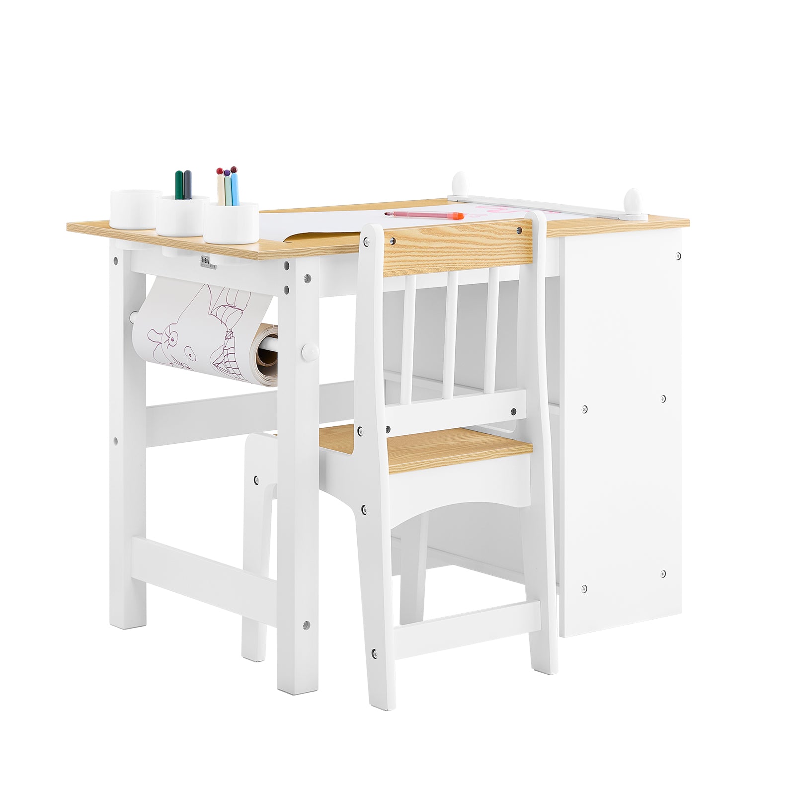 Lasten pöytä ja tuoli, 2-osainen setti - pöytä ja tuoli lapsille, kirjoituspöytä kahdella hyllyllä, paperipidikkeellä ja kynäsäilytyksellä, valkoinen-luonnollinen, 80x50x66