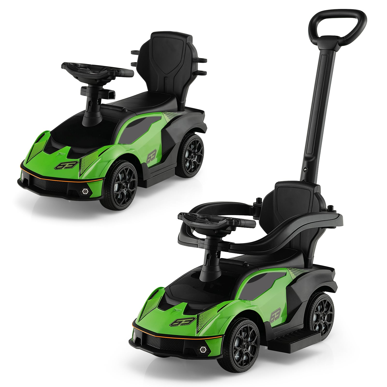3-yhdessä Lamborghini -työntöauto lisensoituna, kahvalla ja kaiteella - vihreä